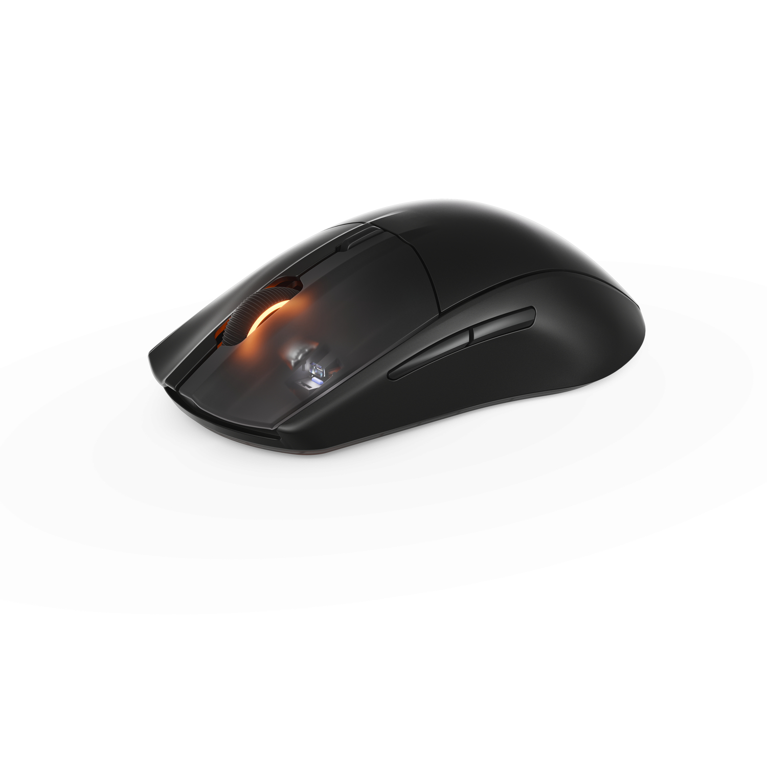 Black wireless mouse on a white surface. Shows the scroll wheel and side buttons, with a dongle.