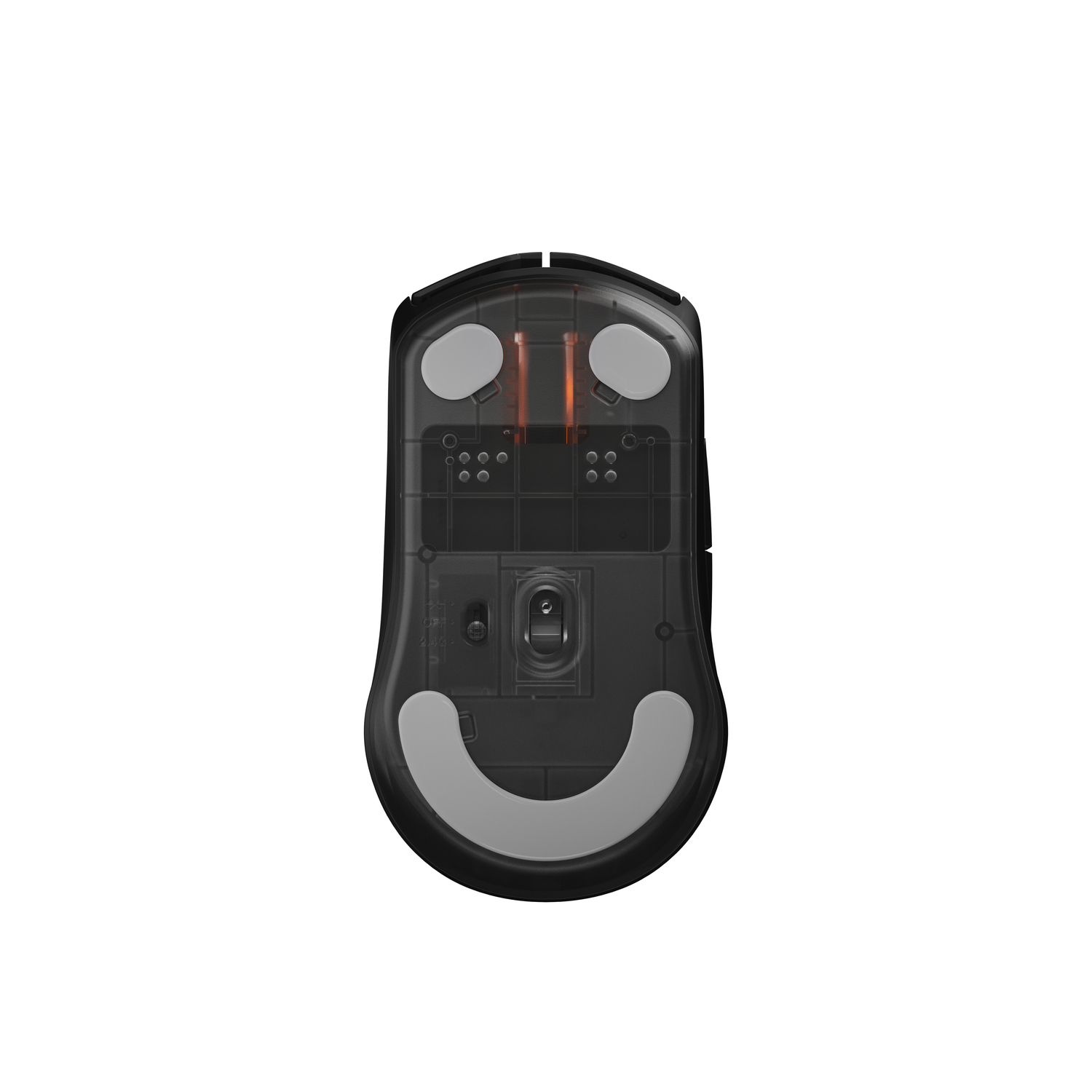 Underside of black wireless mouse with gray pads and a switch. It is transparent and shows internal components.