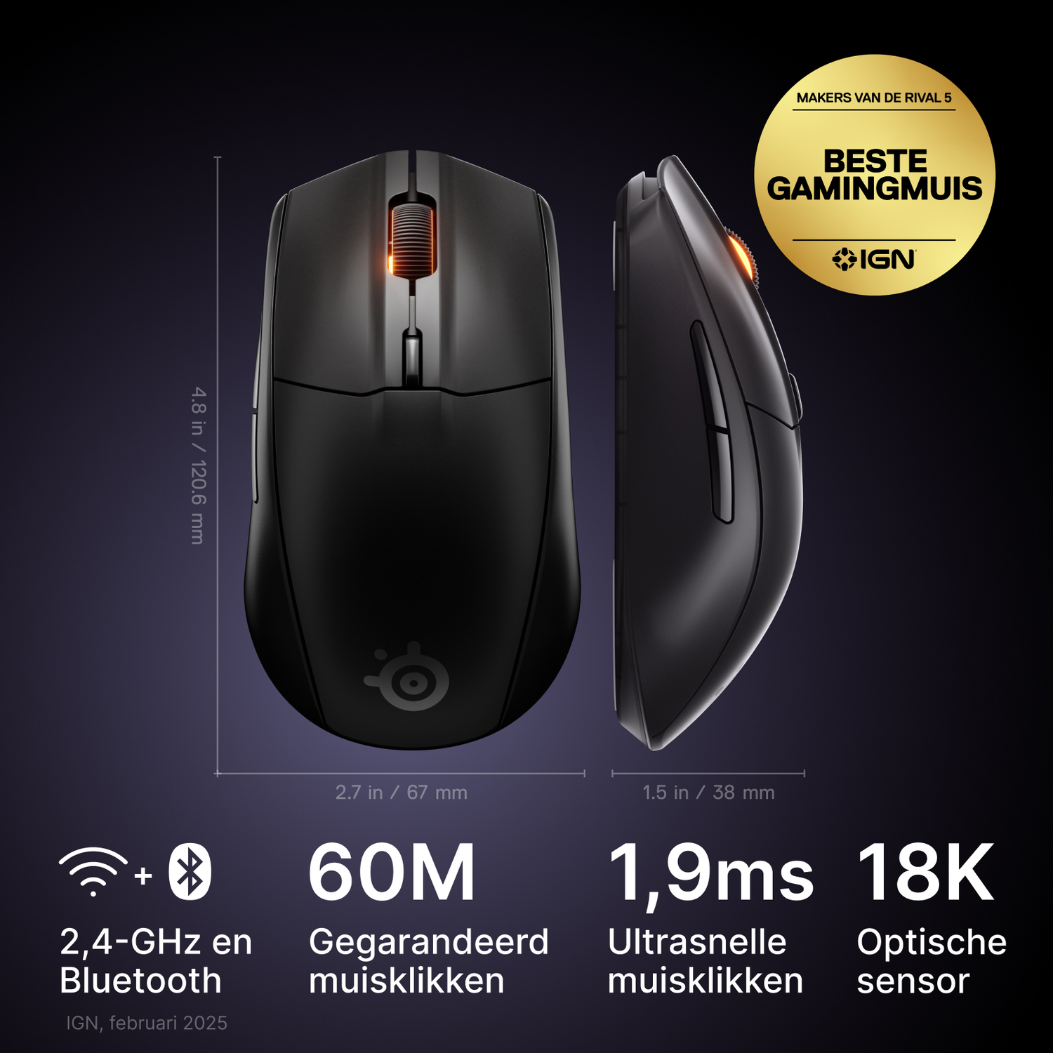 Black wireless mouse showing front and side views, with dimensions. Text includes Bluetooth, 60M clicks, and 18K sensor.