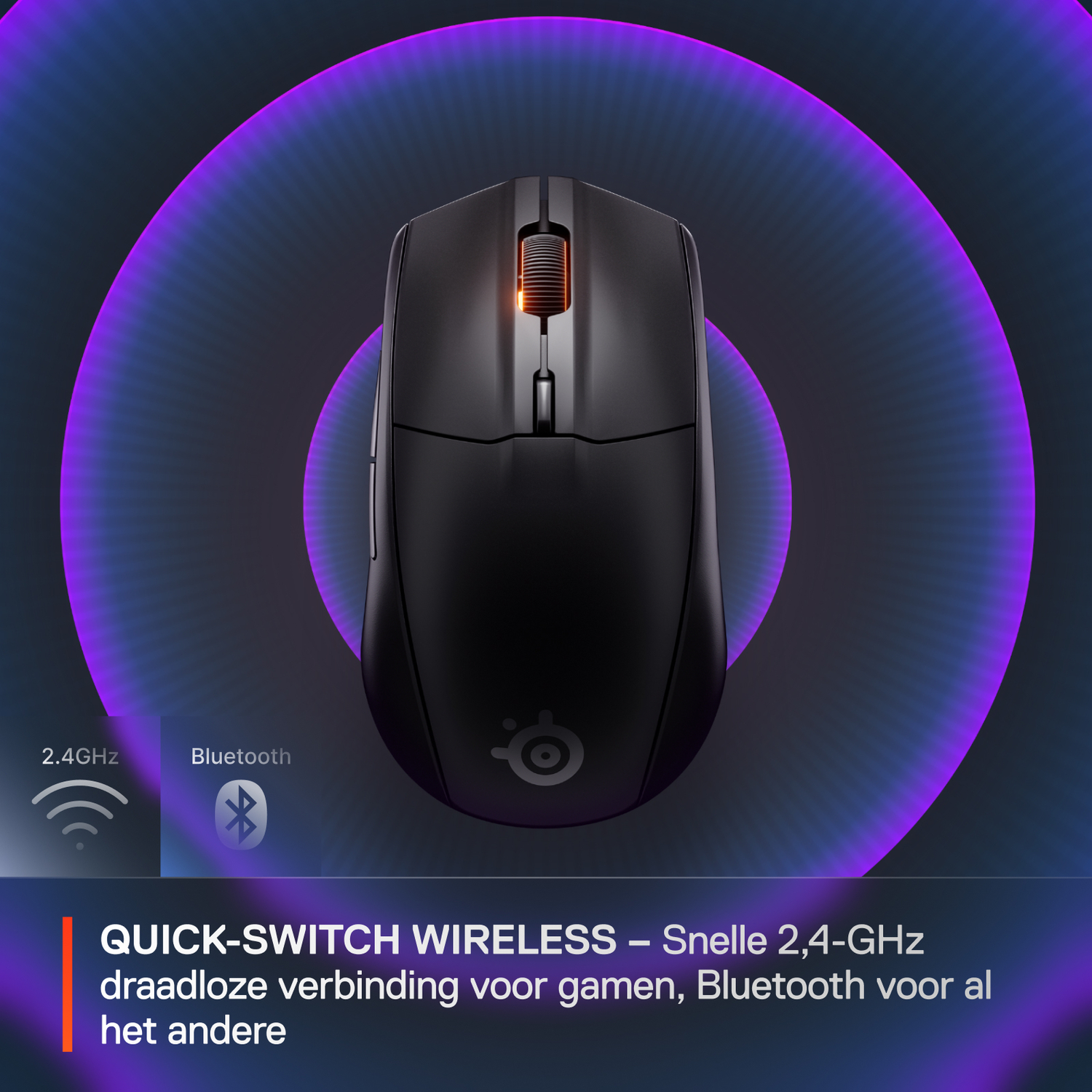 Black wireless mouse with a purple and blue background. Text mentions quick-switch wireless and 2.4 GHz Bluetooth.