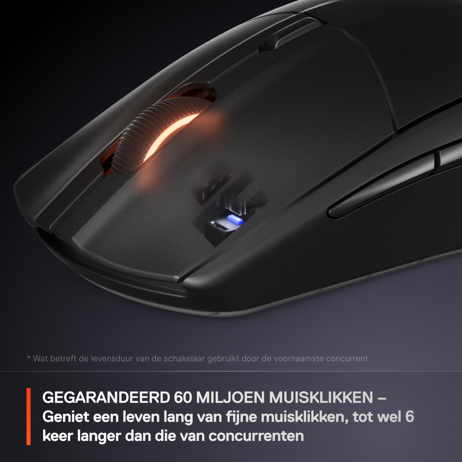 Black wireless mouse side view, showing the scroll wheel and buttons. Text: 60 million clicks guaranteed.