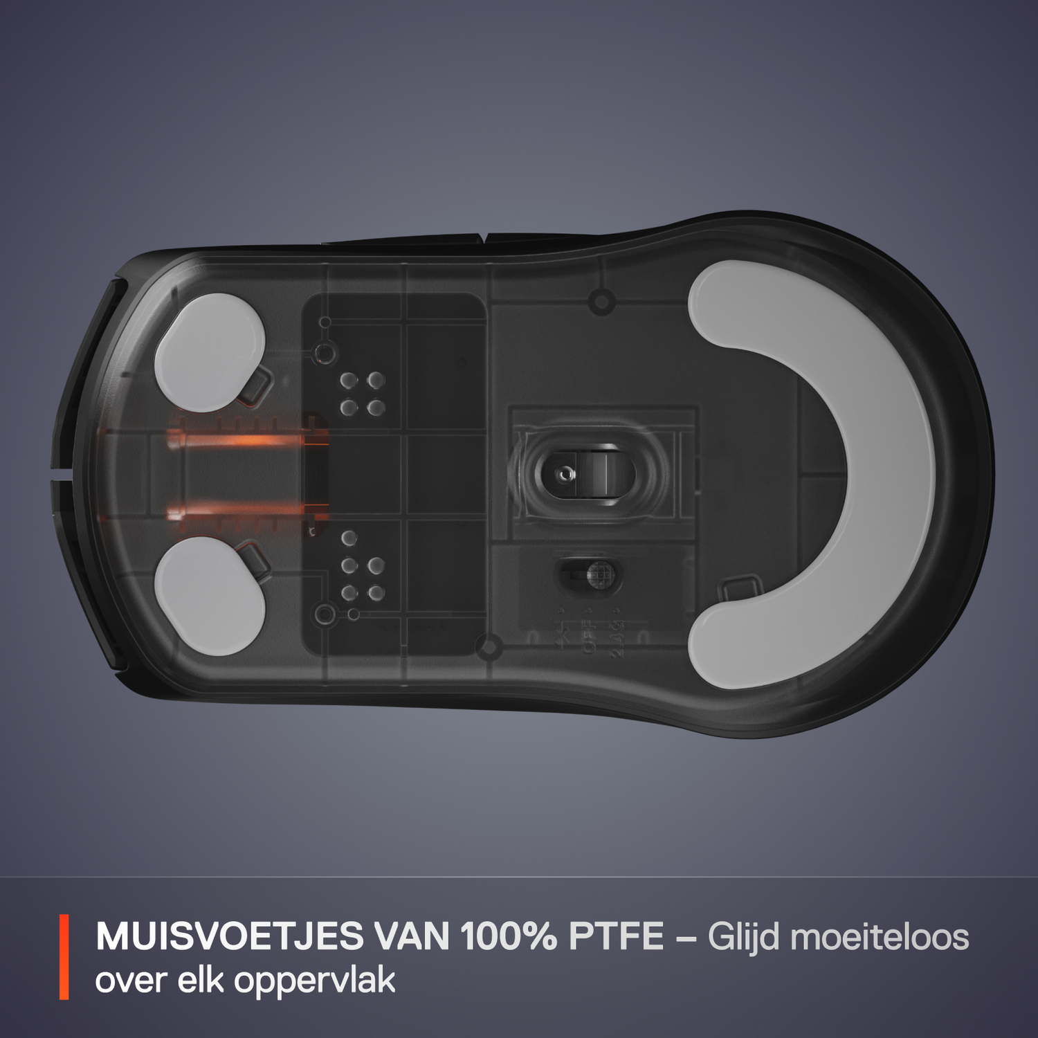 Underside of a black wireless mouse, showing transparent base. Text: 100% PTFE mouse feet for smooth gliding.