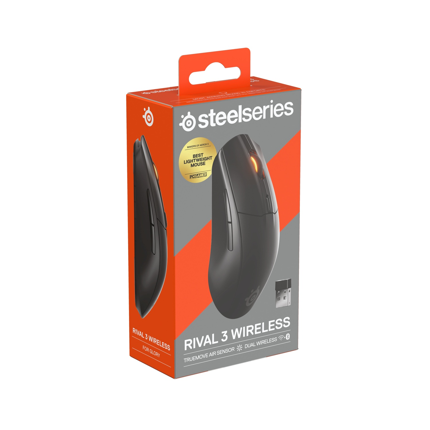 Box for the Rival 3 Wireless mouse. Mouse shown on the front. Contains the mouse and wireless receiver.