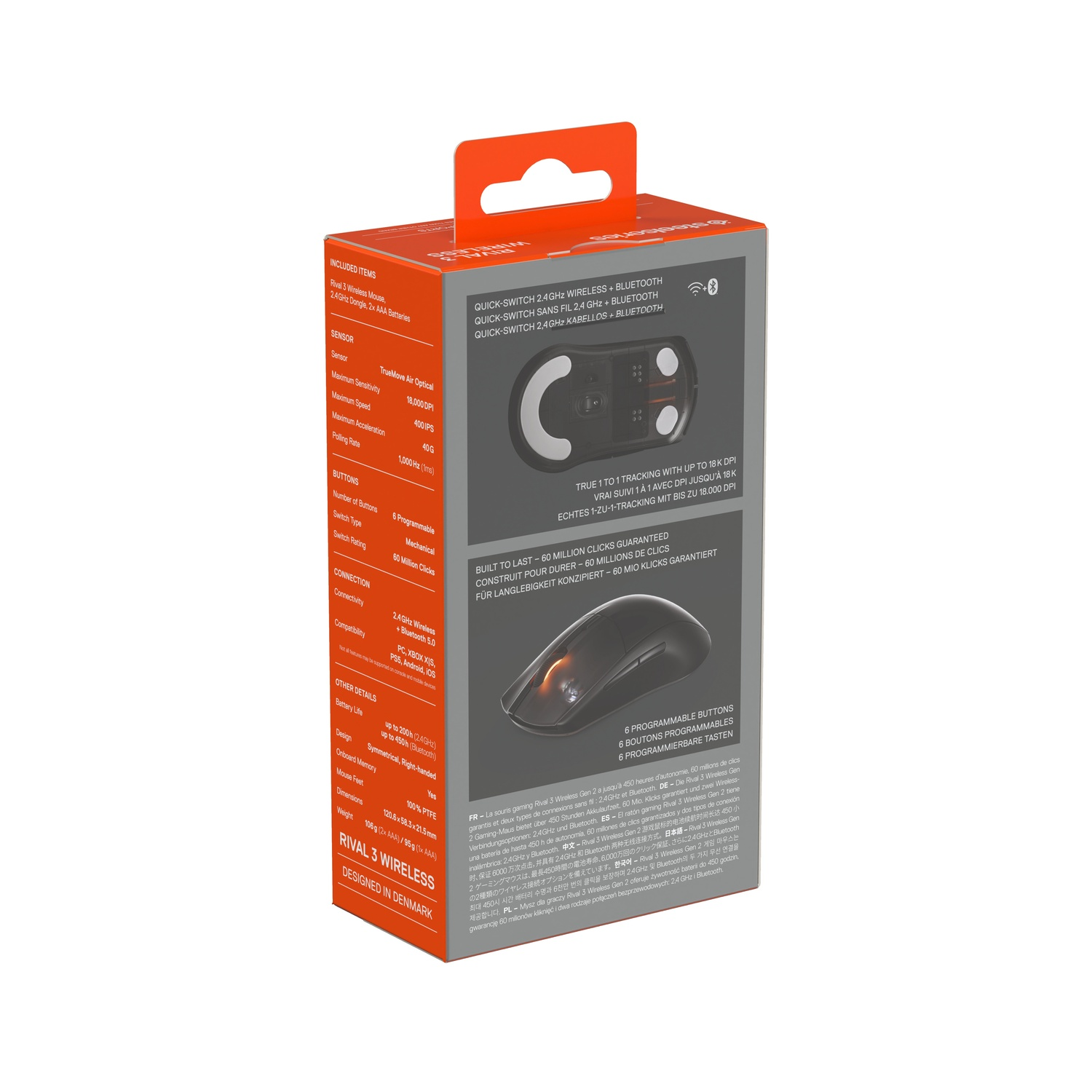Back of the Rival 3 Wireless mouse box. Shows specifications and features. Contains multilingual information.