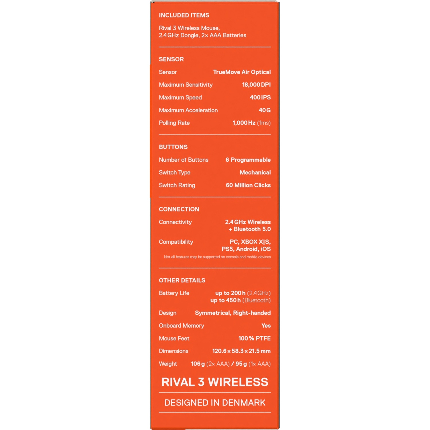 Close-up of the specifications on the Rival 3 Wireless box. Lists the sensor, buttons, connection, and other details.