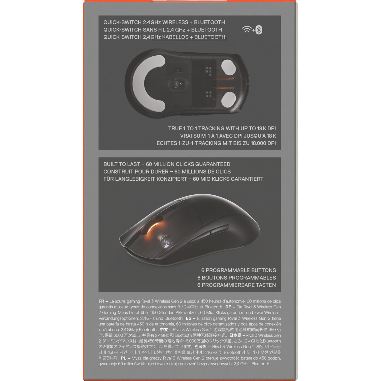 Back of the Rival 3 Wireless mouse box. Shows specifications and features. Contains multilingual information.