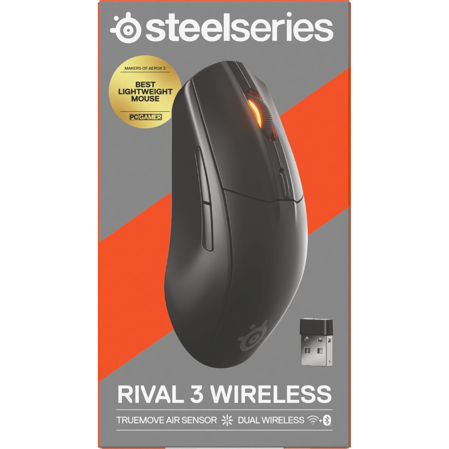 Box for the Rival 3 Wireless mouse. Mouse shown on the front. Contains the mouse and wireless receiver.