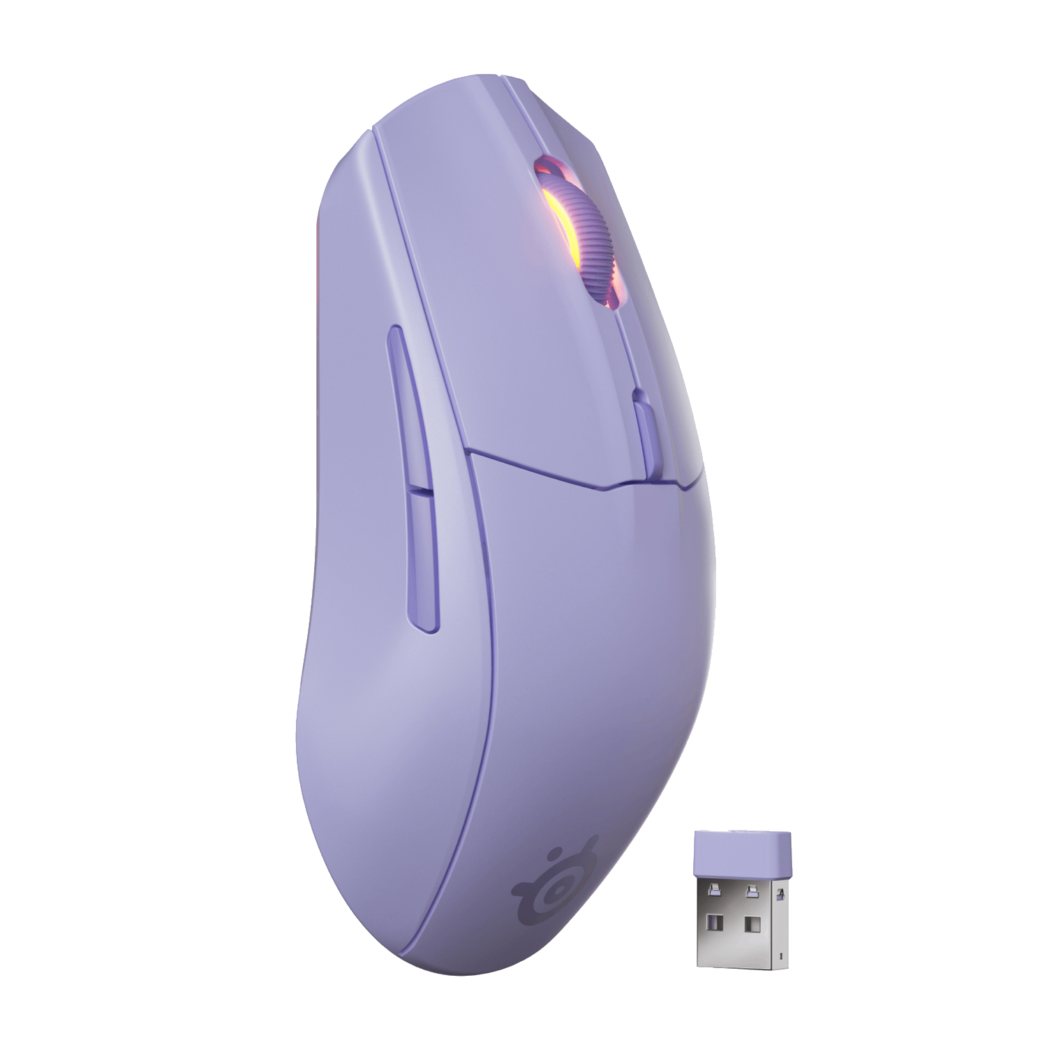 Purple wireless mouse with a wireless receiver. The mouse has a scroll wheel and side buttons.