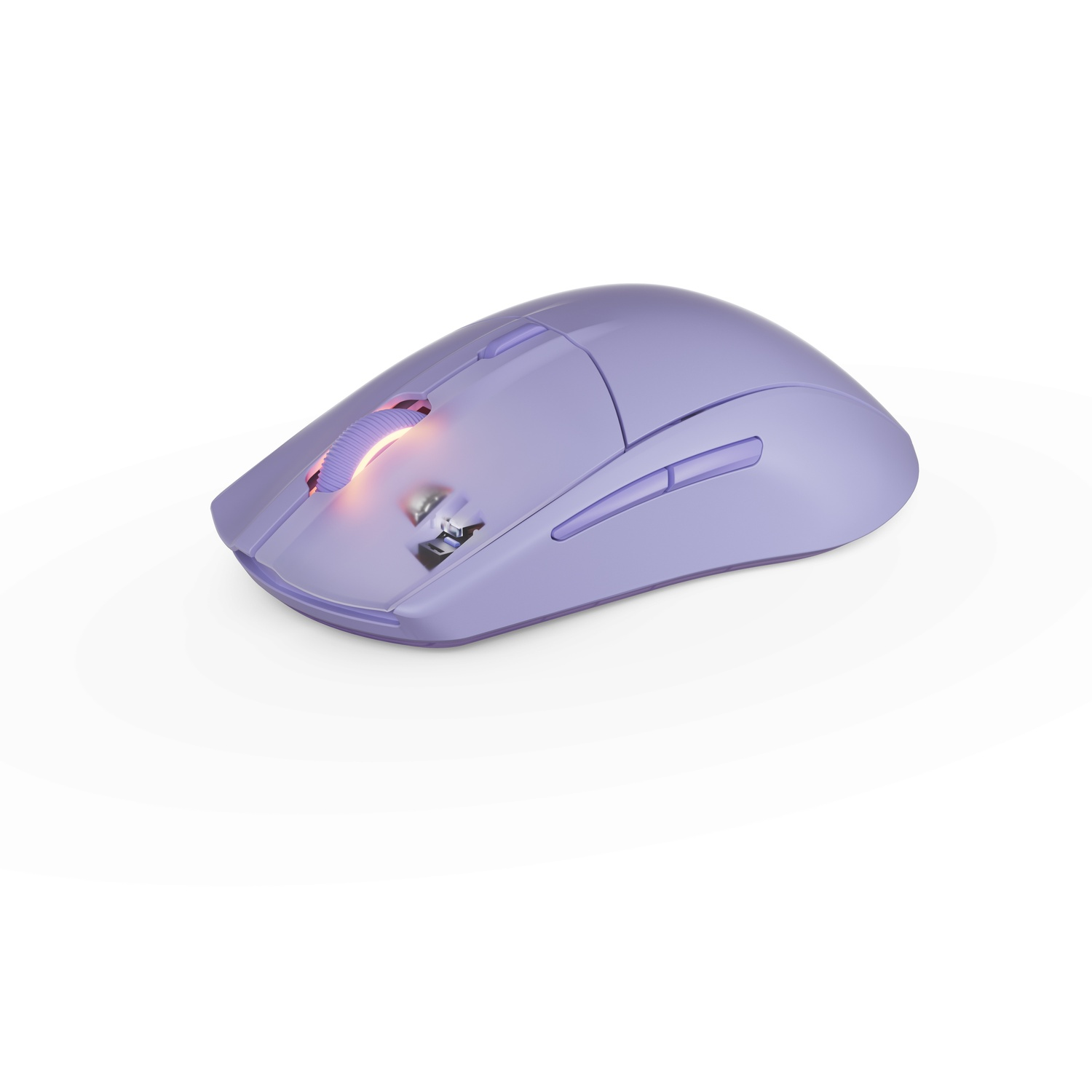 Purple wireless mouse on a white surface, showing scroll wheel and side buttons. Wireless receiver is also shown.