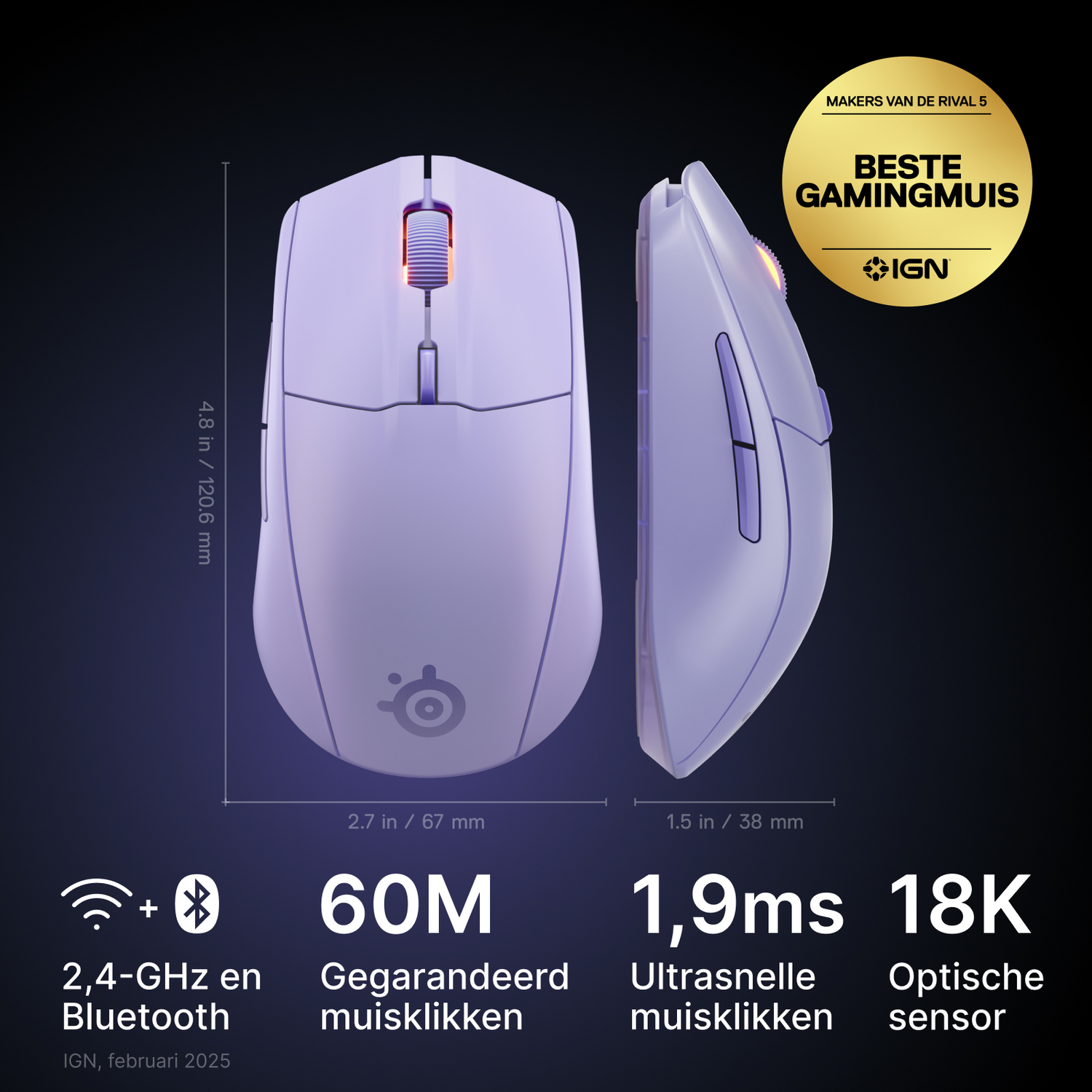 White and purple computer mouse with dimensions and text. A gold badge reads 'Best Gaming Mouse'.
