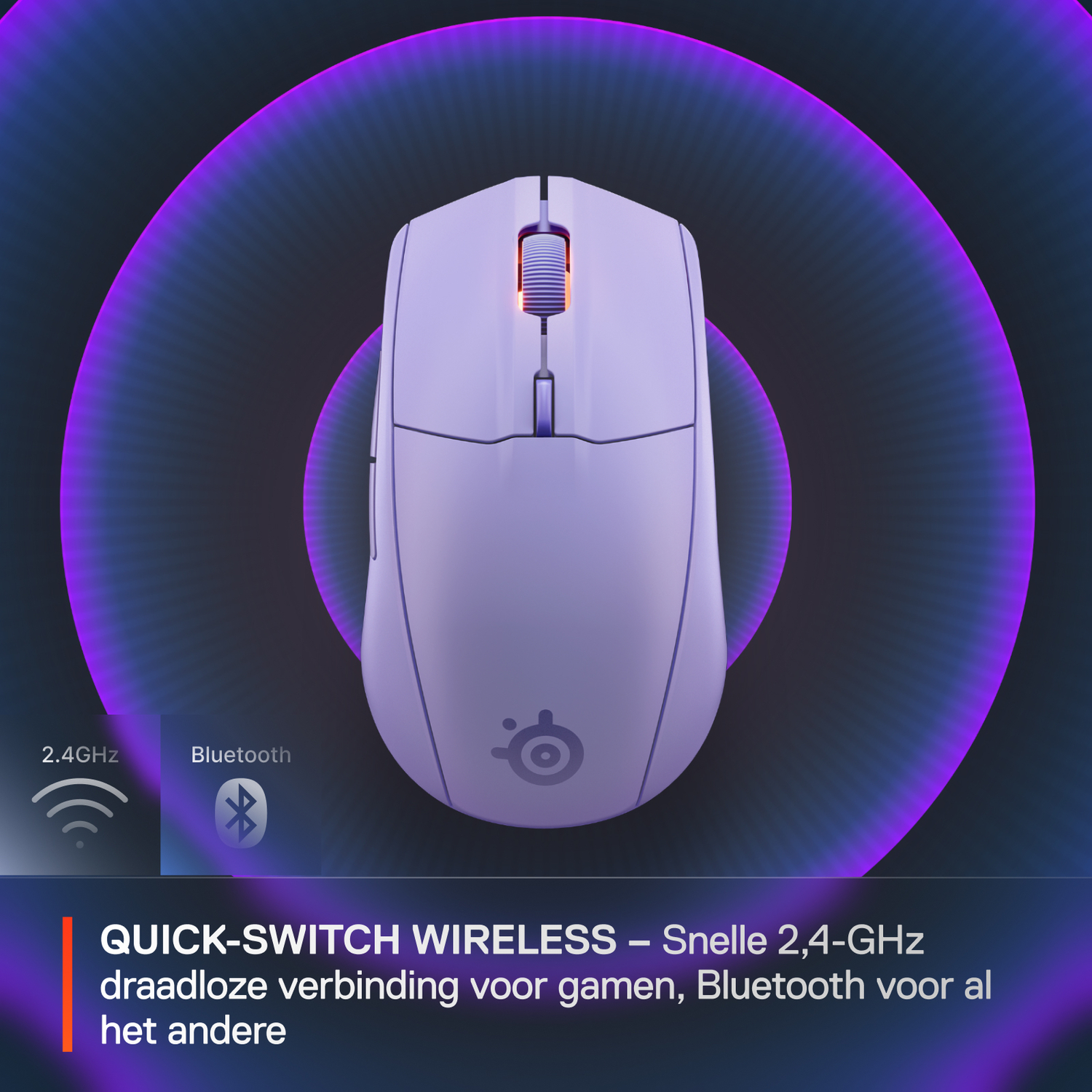 Purple computer mouse with a glowing scroll wheel, surrounded by purple wireless signal rings. Bluetooth icon.