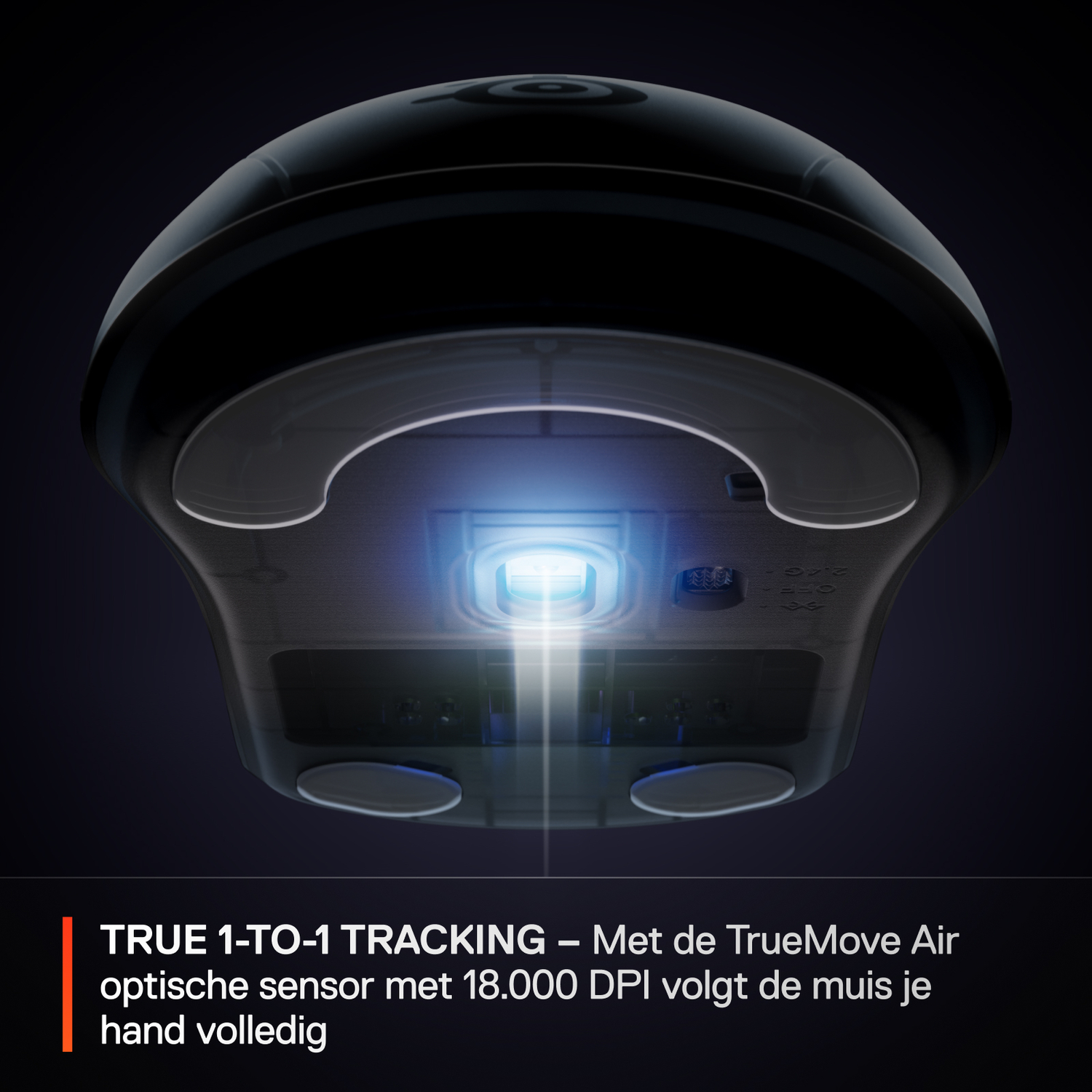 Black computer mouse base with a glowing blue light, showcasing the tracking sensor. Text below.