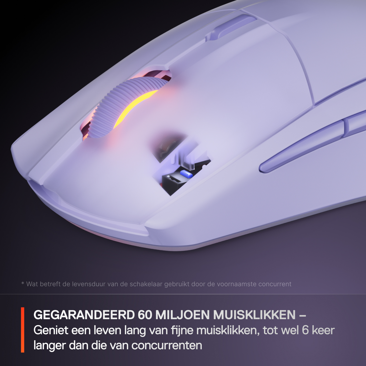Close-up of a computer mouse, showing the scroll wheel and internal components, glowing.