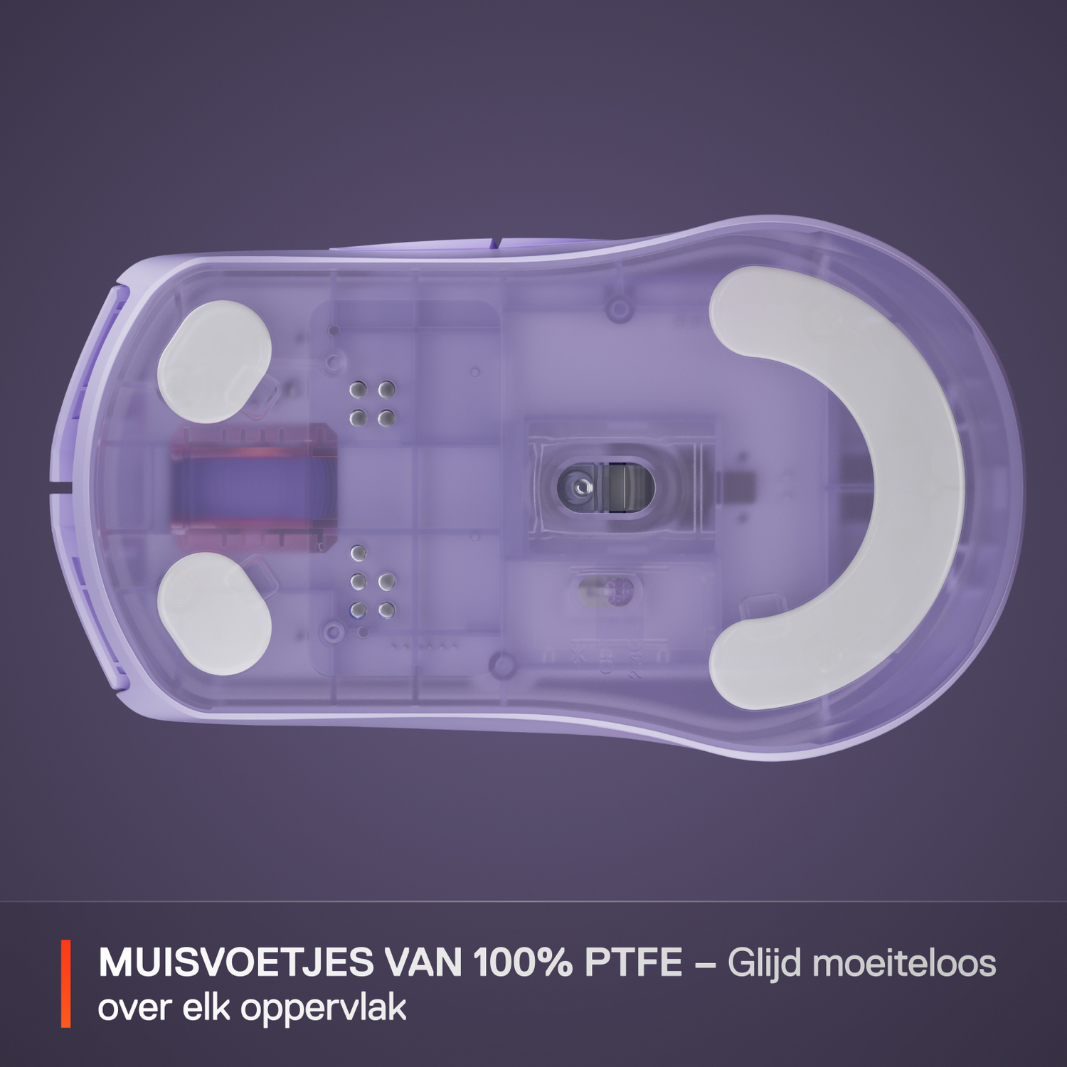 Underside of purple computer mouse with white pads and internal components visible through the clear casing.