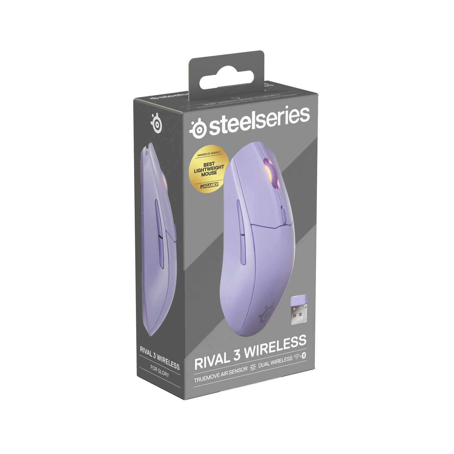 Box with a purple computer mouse, the text 'RIVAL 3 WIRELESS', and the brand name 'steelseries'.