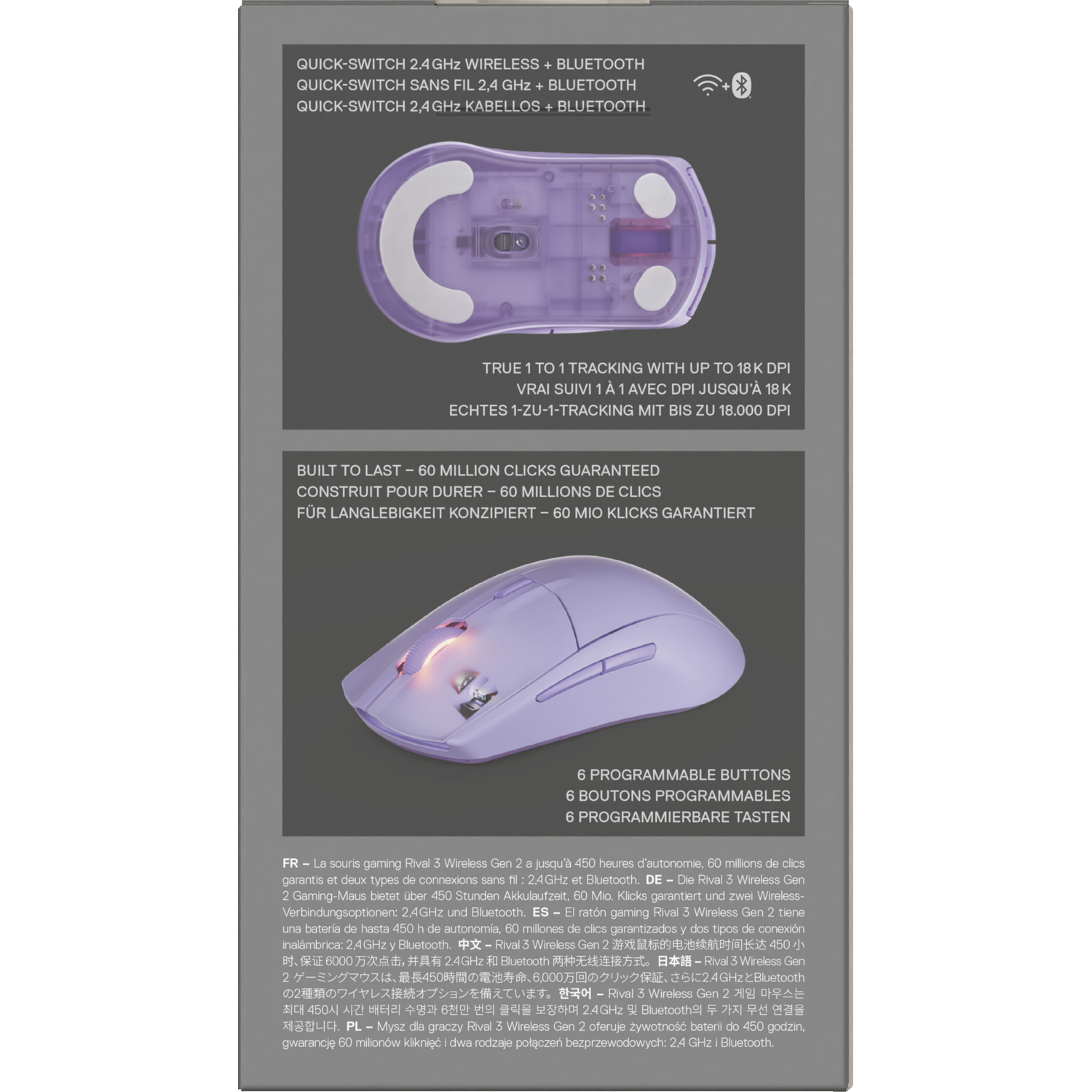 Back of a box showing product information and the purple mouse. Multiple languages are used.