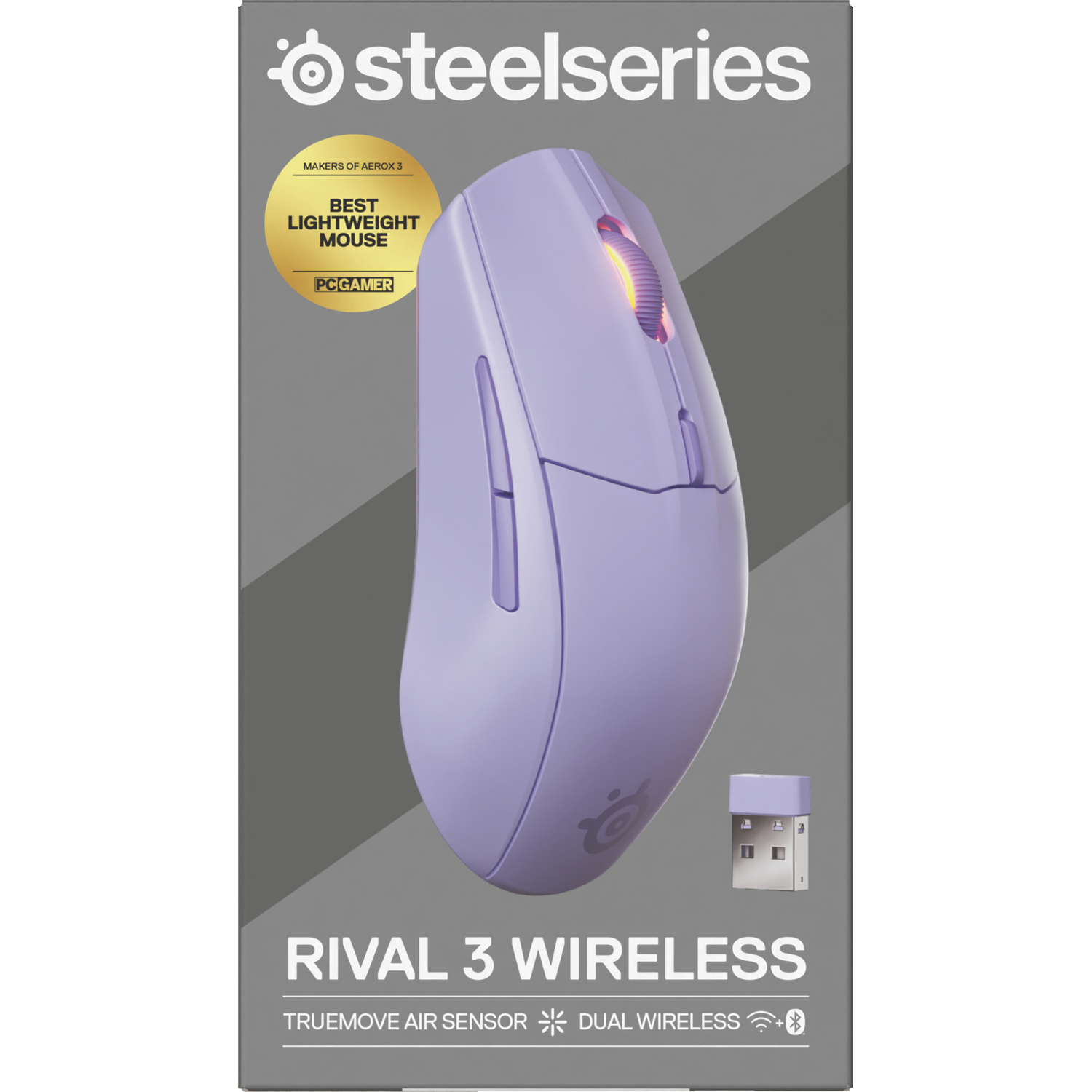 Box with a purple computer mouse, a dongle and the text 'RIVAL 3 WIRELESS', and the brand name 'steelseries'.
