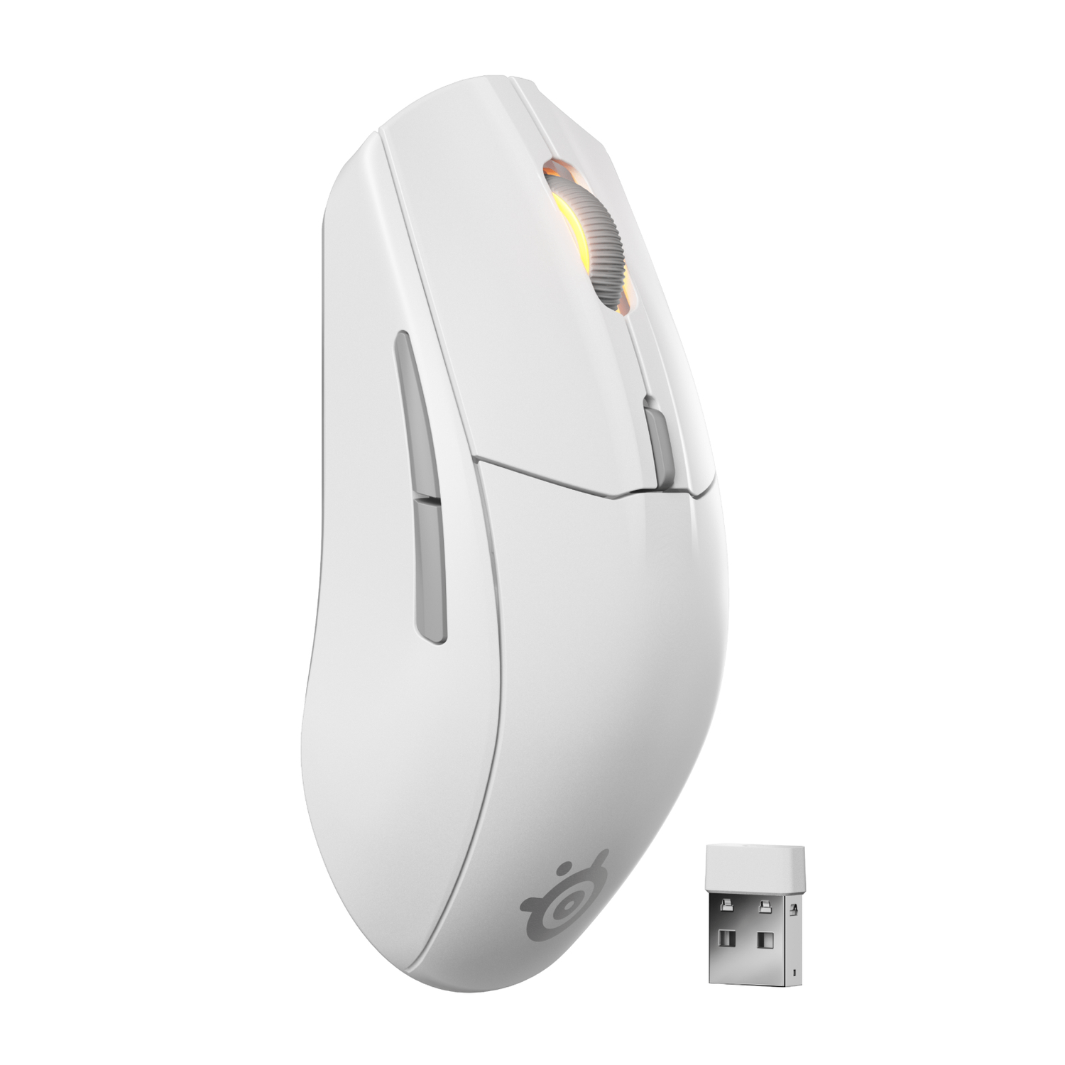 White computer mouse with a glowing scroll wheel and a dongle. The mouse is on a white background.