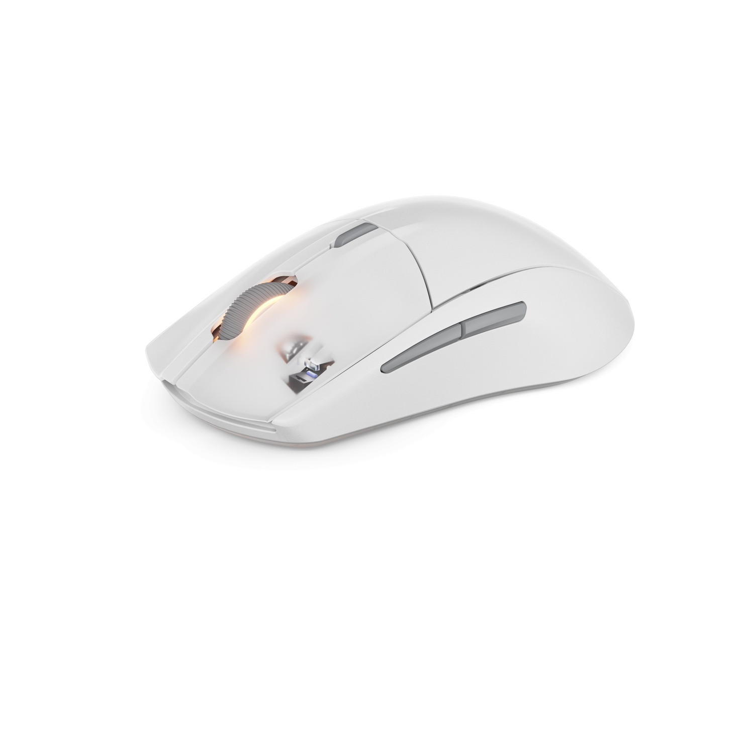 White computer mouse on a white background, angled view showing the scroll wheel, side buttons, and design.