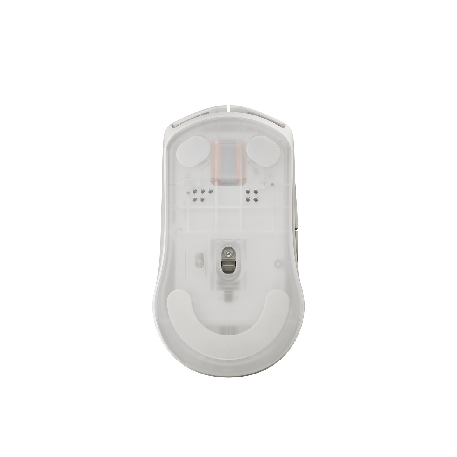 Underside of a white computer mouse with white pads, showing internal components, on a white background.