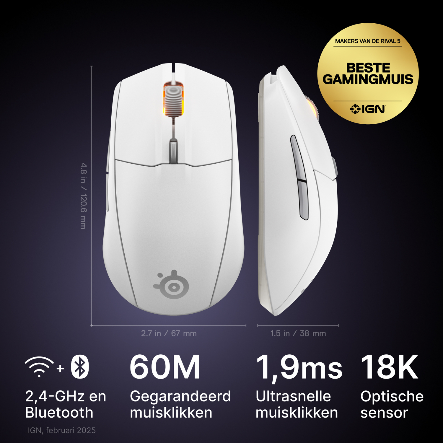 White gaming mouse with dimensions and specifications. Includes 2.4 GHz Bluetooth and 60M clicks.