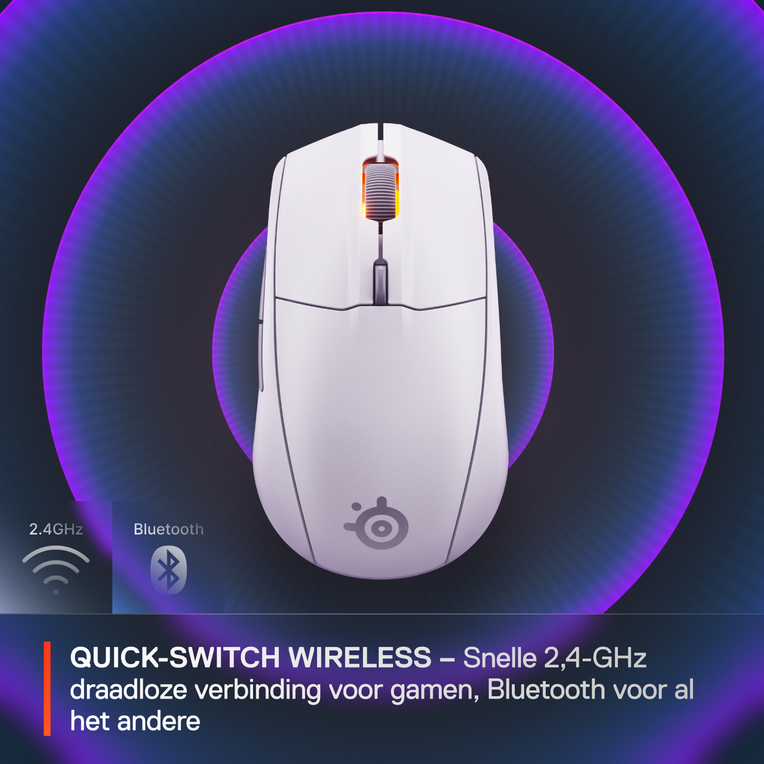 White gaming mouse with purple and blue background. Shows 2.4GHz and Bluetooth capabilities.