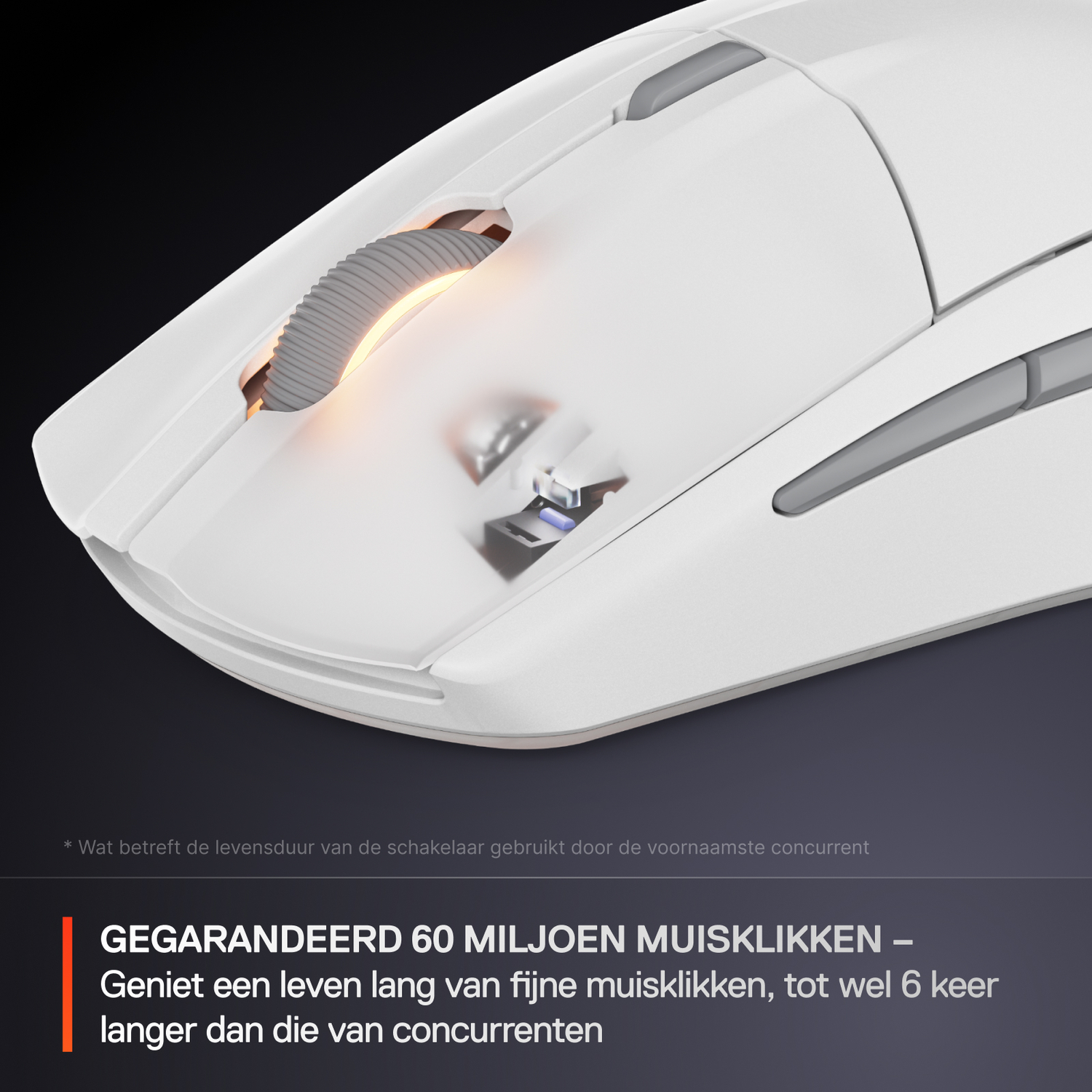 Close-up of a white mouse detailing the scroll wheel and buttons. Highlights the click durability.