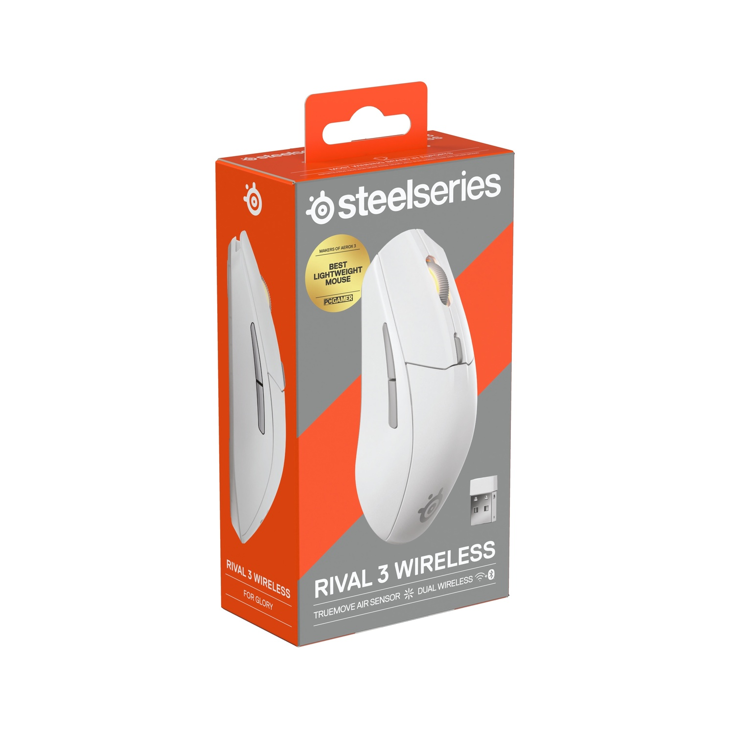 Box for Rival 3 wireless mouse in white. Includes product name, image, and SteelSeries logo.