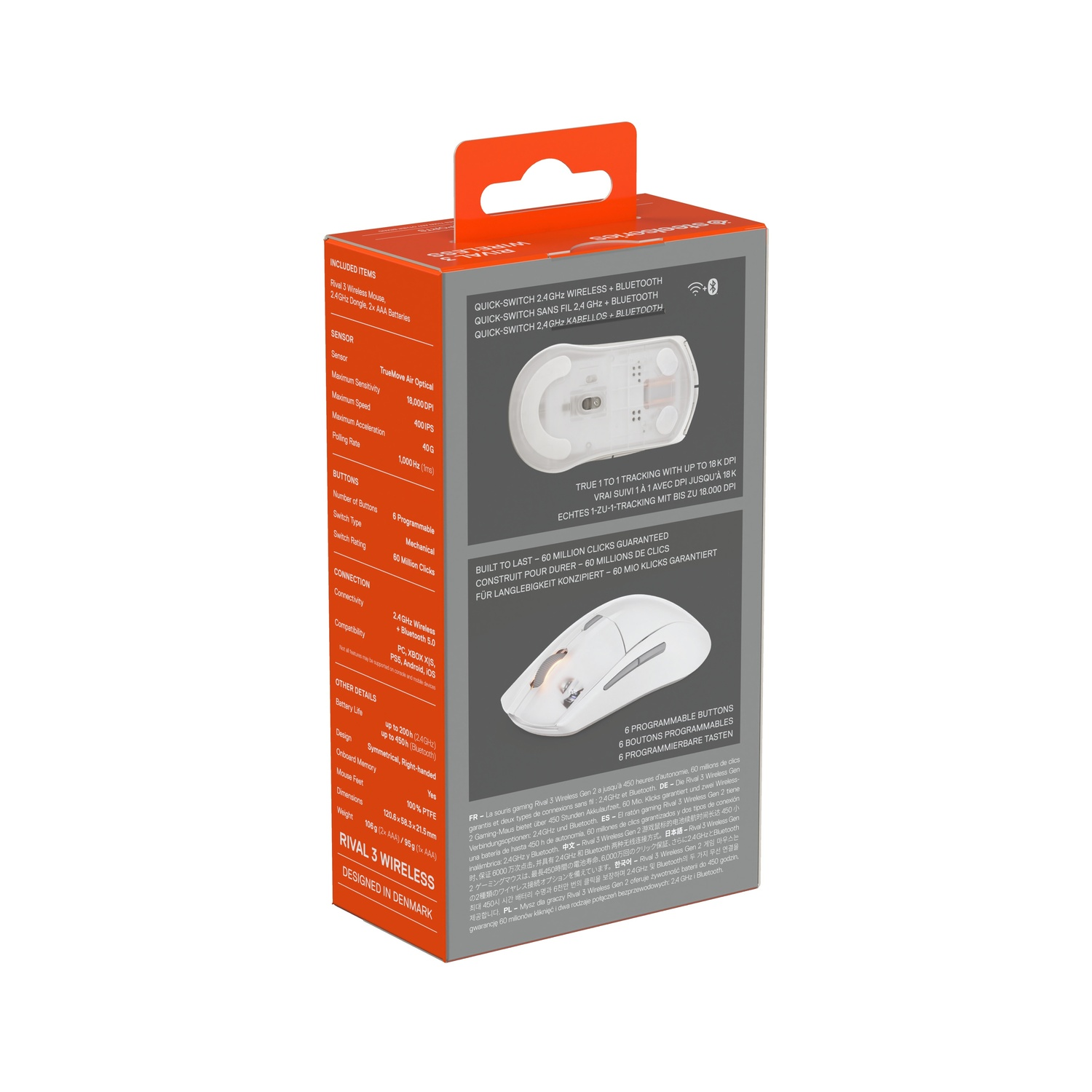 Back of Rival 3 wireless mouse box with specs and features. Includes details and multilingual text.