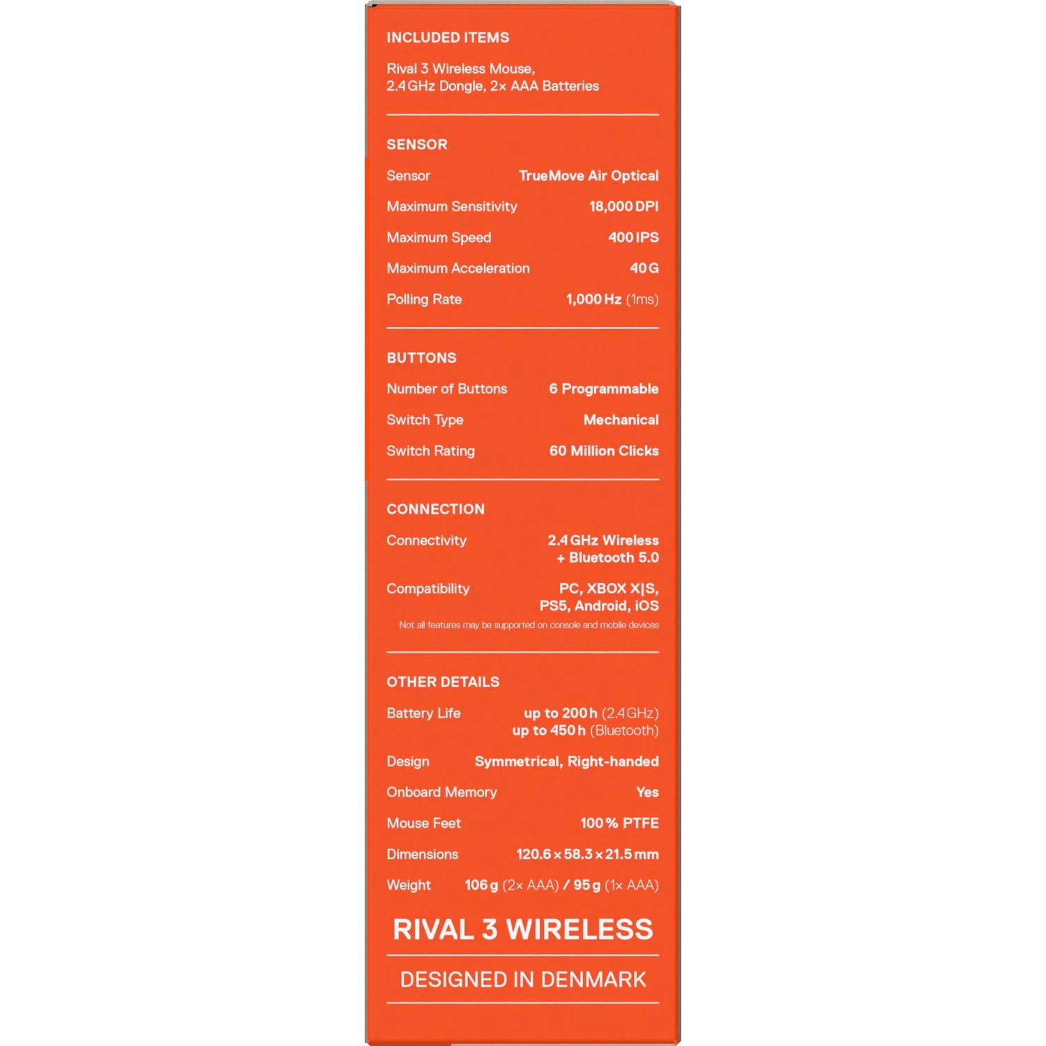 Specifications table for Rival 3 wireless mouse. Includes sensor, buttons, and connection details.