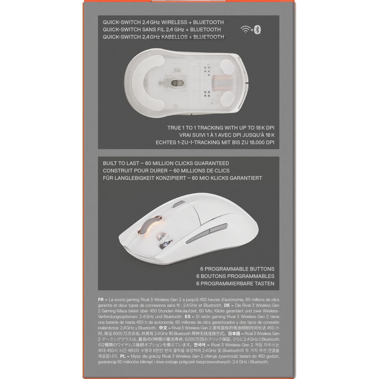 Back of the box for the Rival 3 wireless mouse, showing specifications and multilingual text.