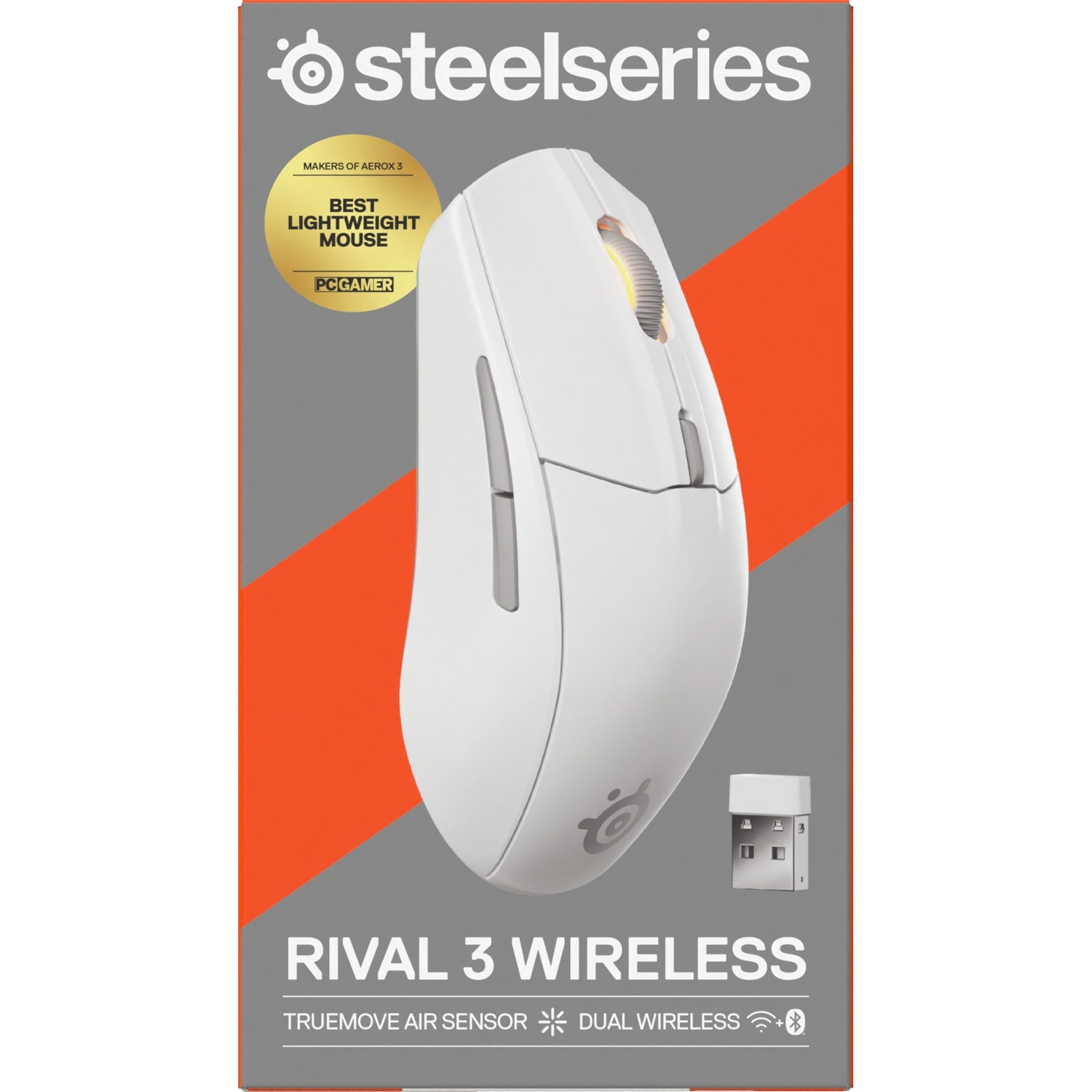 Box of the Rival 3 wireless mouse with the SteelSeries logo and a lightweight mouse award.