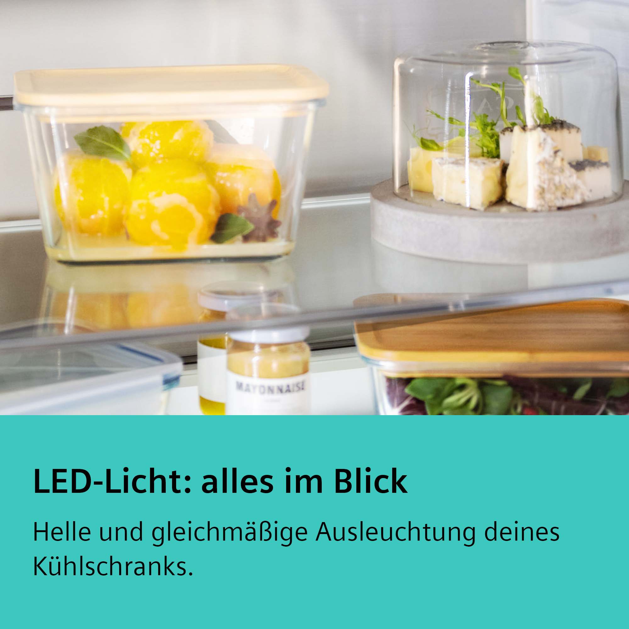 Kühlschrankinnenraum mit Zitronen, Mayonnaise und Käse. LED-Licht beleuchtet den Inhalt.