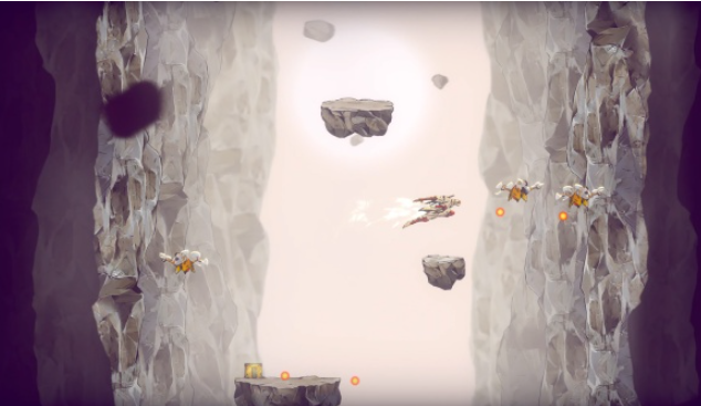 Videospielszenen. Eine Figur fliegt durch eine Höhle, weicht Hindernissen aus, mit schwebenden Plattformen.