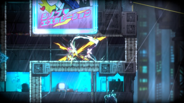 Animierte Videospielszenen in einer Stadt. Zwei Figuren kämpfen vor einem Neon-Schild.