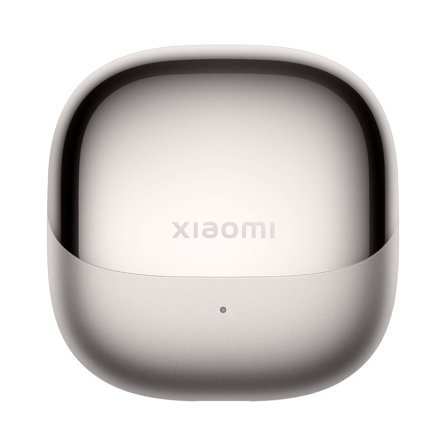 Zilveren oordopjesetui met het woord XIAOMI. De achtergrond is effen.