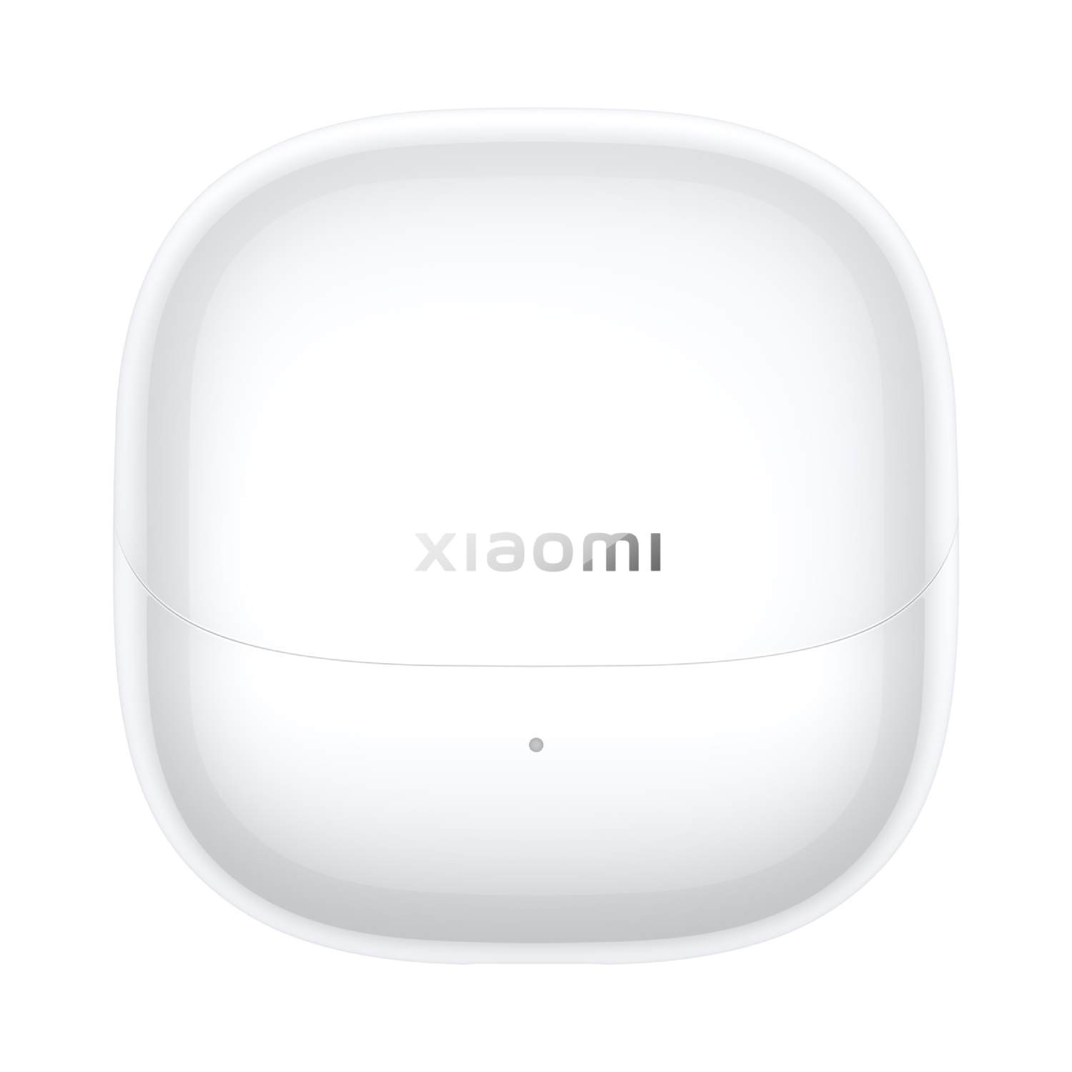 Witte oordopjesetui met het woord XIAOMI. De achtergrond is effen.