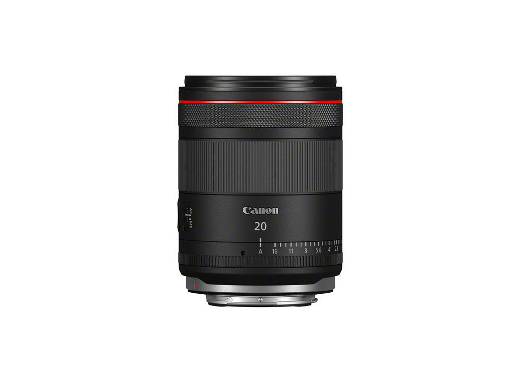 Canon RF 20mm Objektiv, Frontansicht, schwarz, Fokusring sichtbar.
