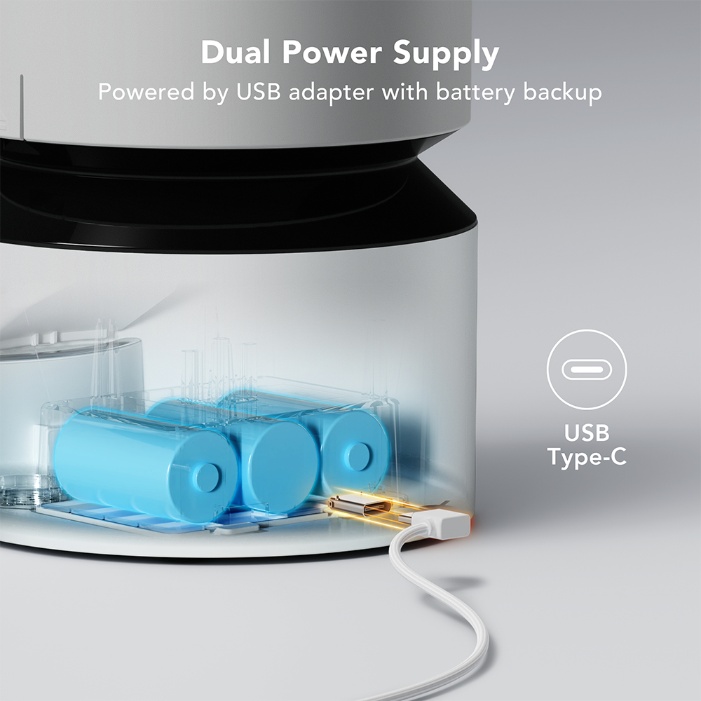 Futterautomat mit dualer Stromversorgung. USB-Kabel am Gerät. Drei Batterien sichtbar.