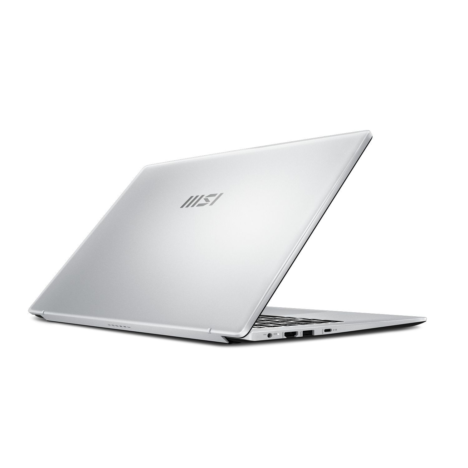 Silver laptop, slightly open, with the MSI logo, and a white background.
