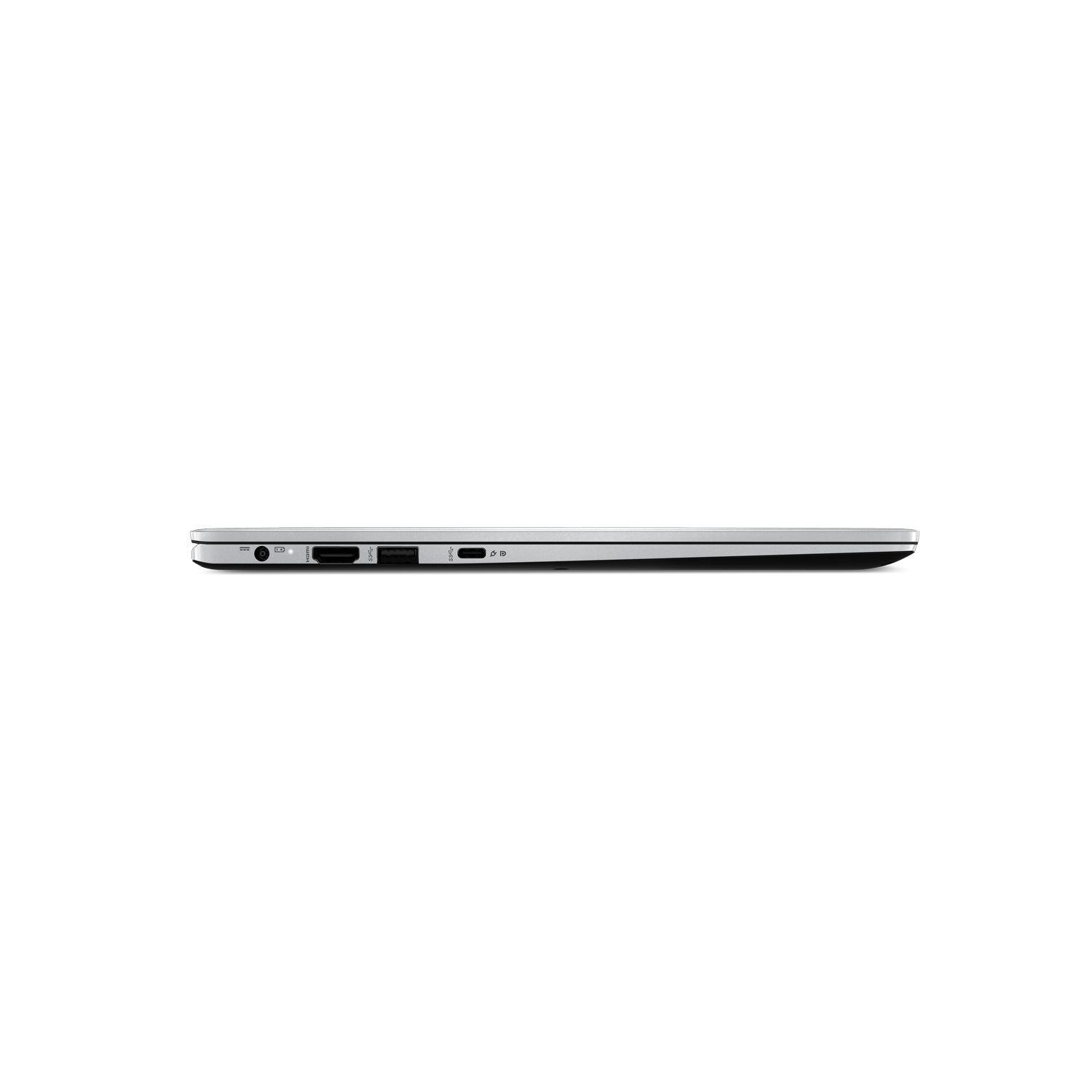 Silver laptop's side view, showing ports. White background.