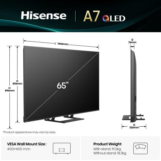 Diagramm eines Hisense-Fernsehers mit Abmessungen und Gewicht, weißer Hintergrund.