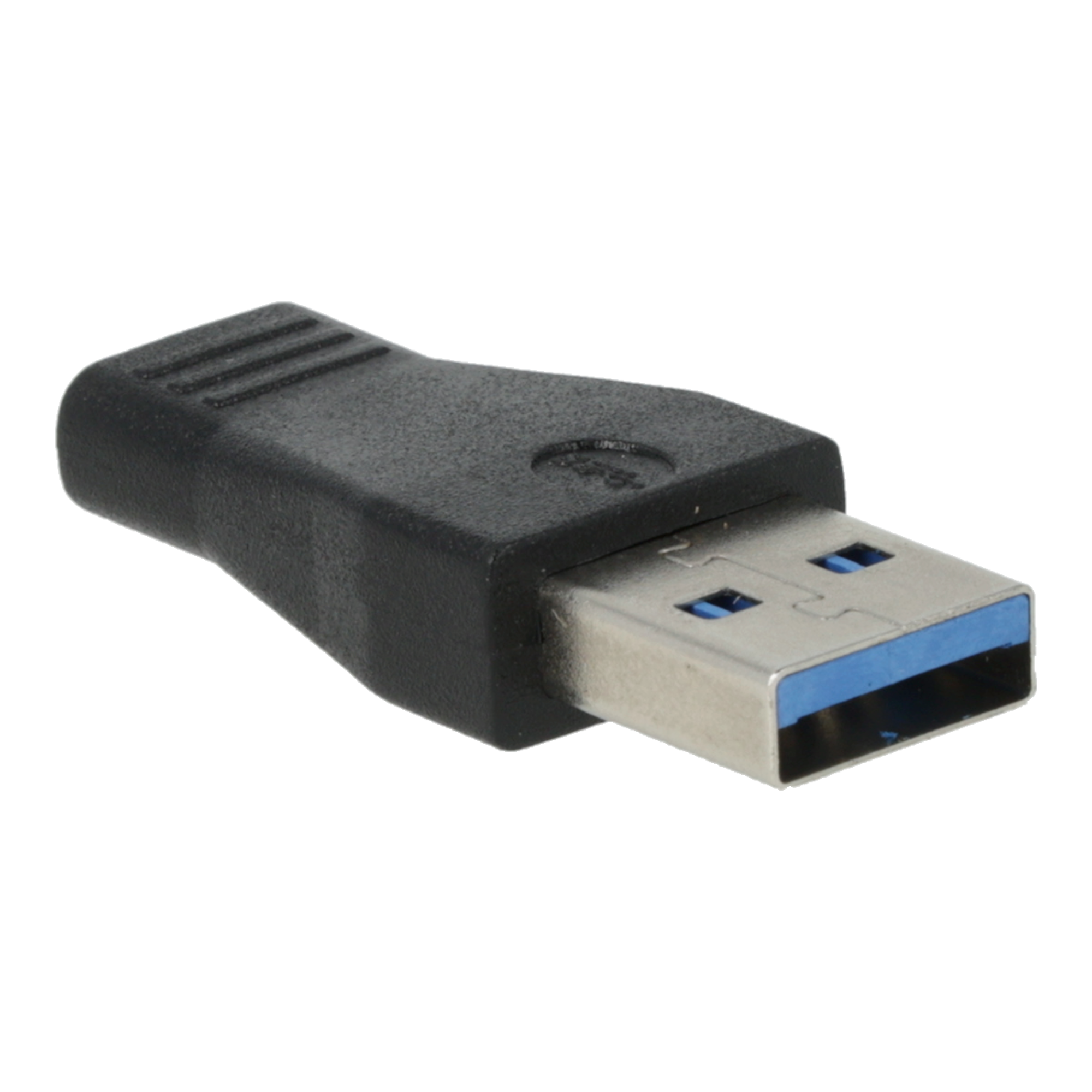 Fekete USB-A-USB-C adapter, ezüst USB-A csatlakozóval és fekete testtel.