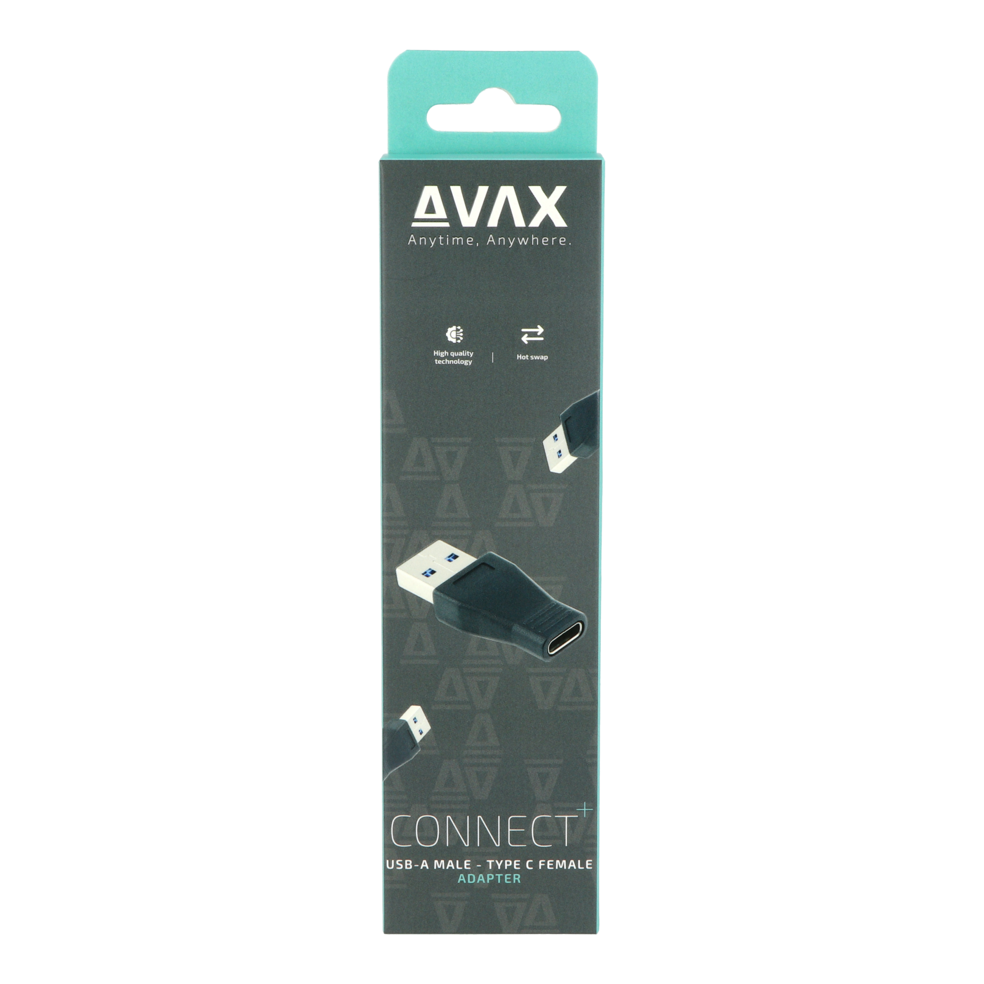 Egy doboz, rajta az 'AVAX CONNECT' felirattal és egy USB-A-USB-C adapter képével.