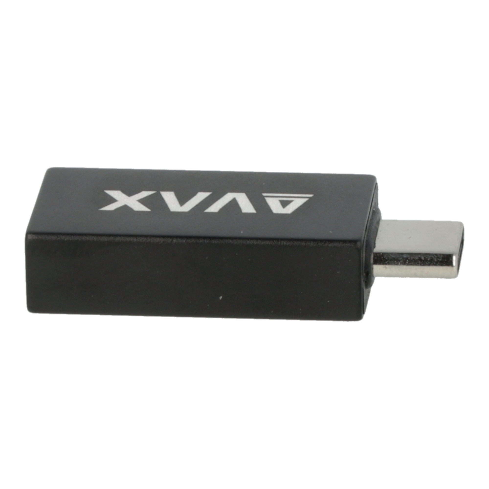 Egy fekete USB-C adapter, fehér AVX logóval a felső felületén.