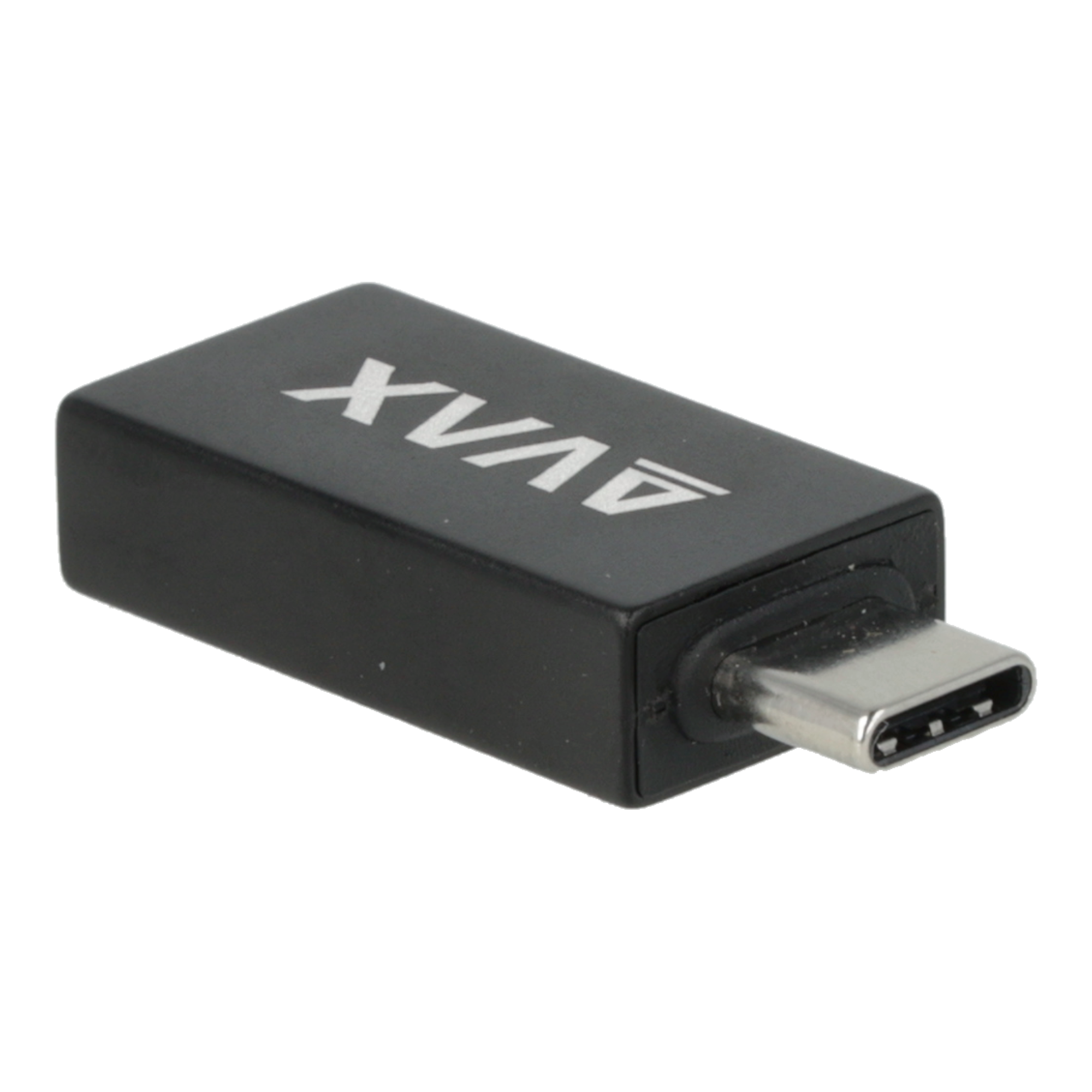 Egy fekete USB-C adapter, fehér AVX logóval a felső felületén.