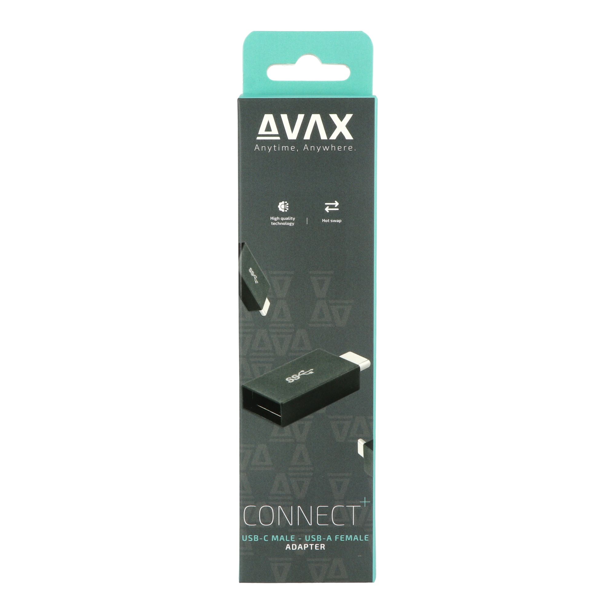 Egy türkiz doboz AVX márkával, termék részletekkel és USB adapter illusztrációval.