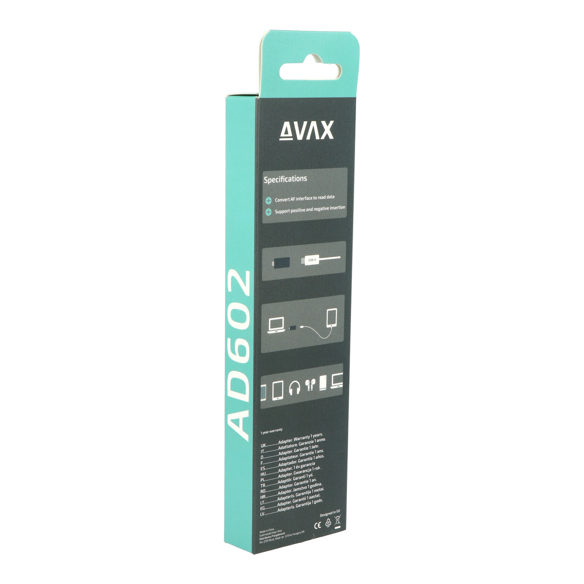 Egy türkiz doboz AVX márkával, termék részletekkel és USB adapter illusztrációval.