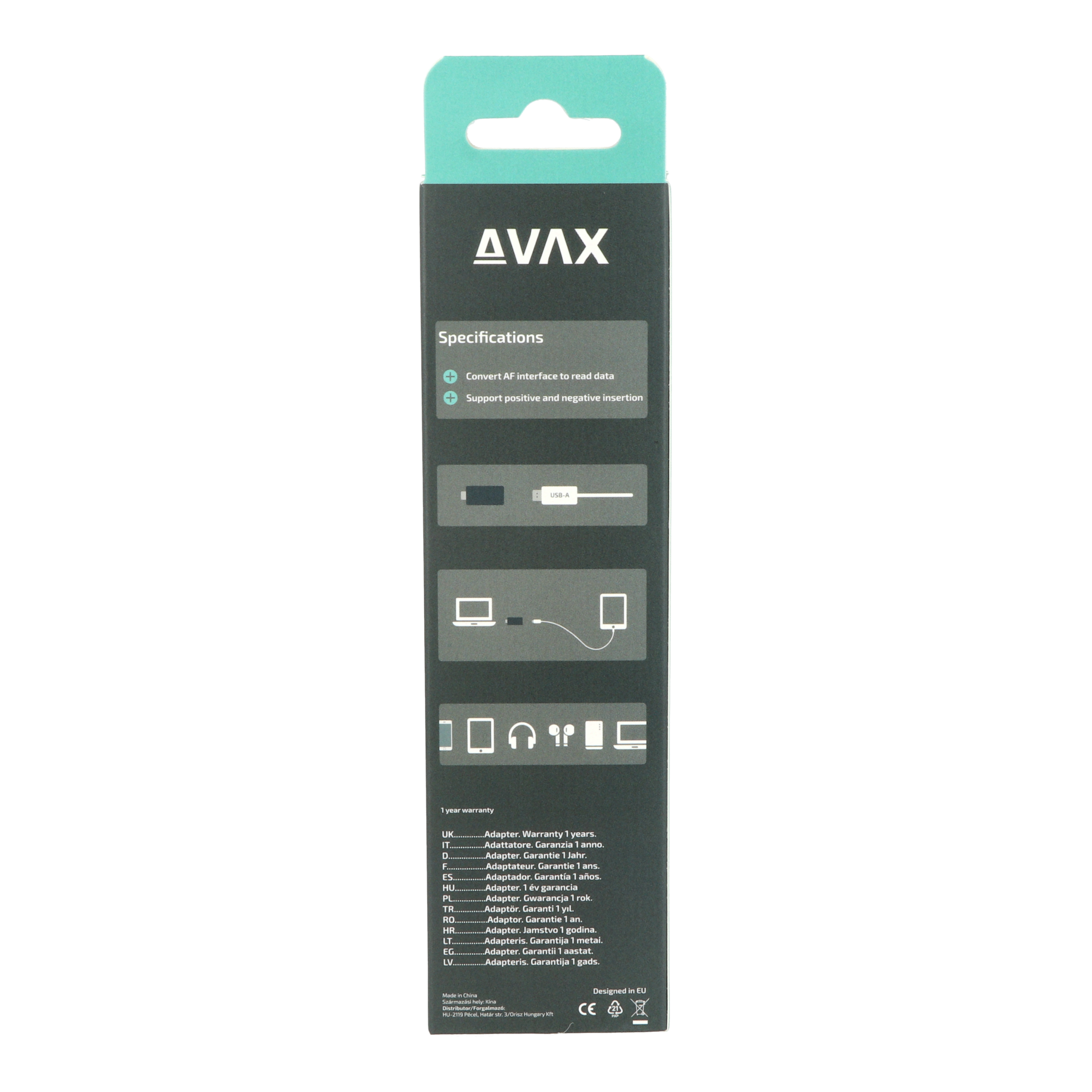 Egy türkiz doboz AVX márkával, termék részletekkel és USB adapter illusztrációval.