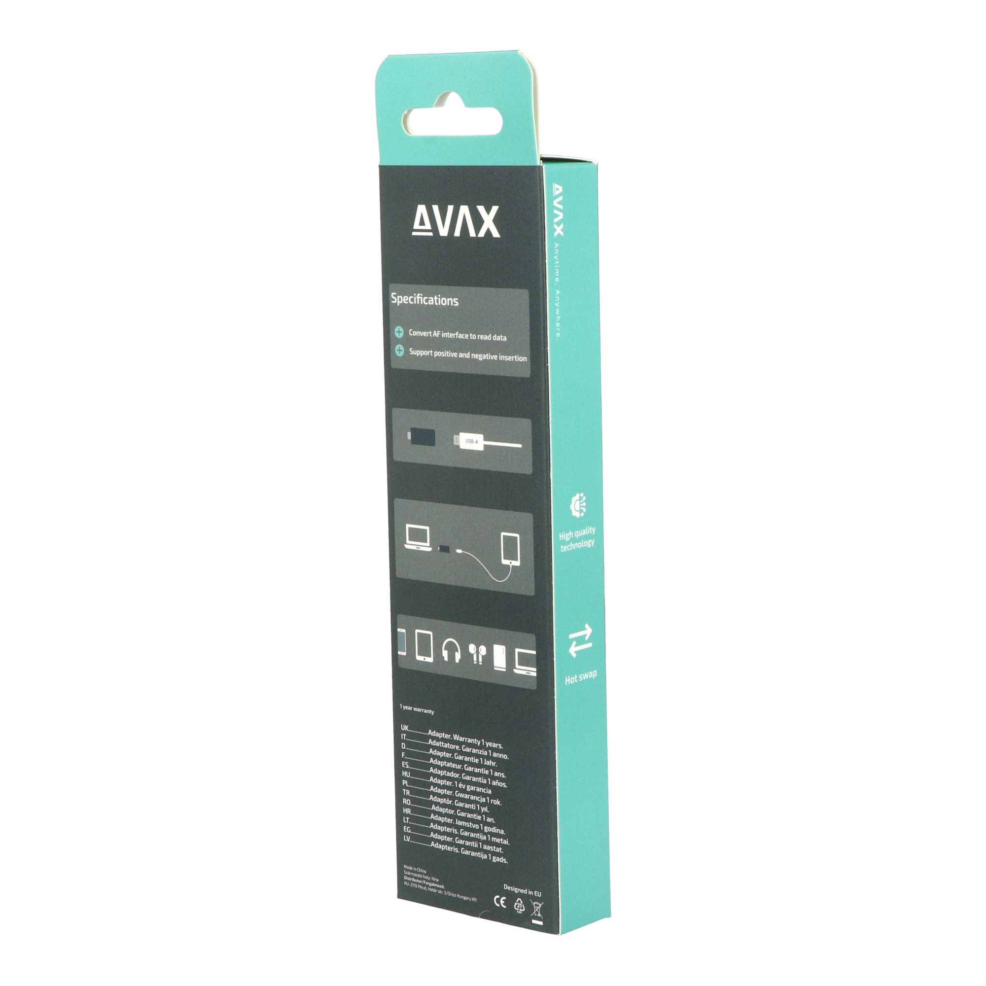 Egy türkiz doboz AVX márkával, termék részletekkel és USB adapter illusztrációval.
